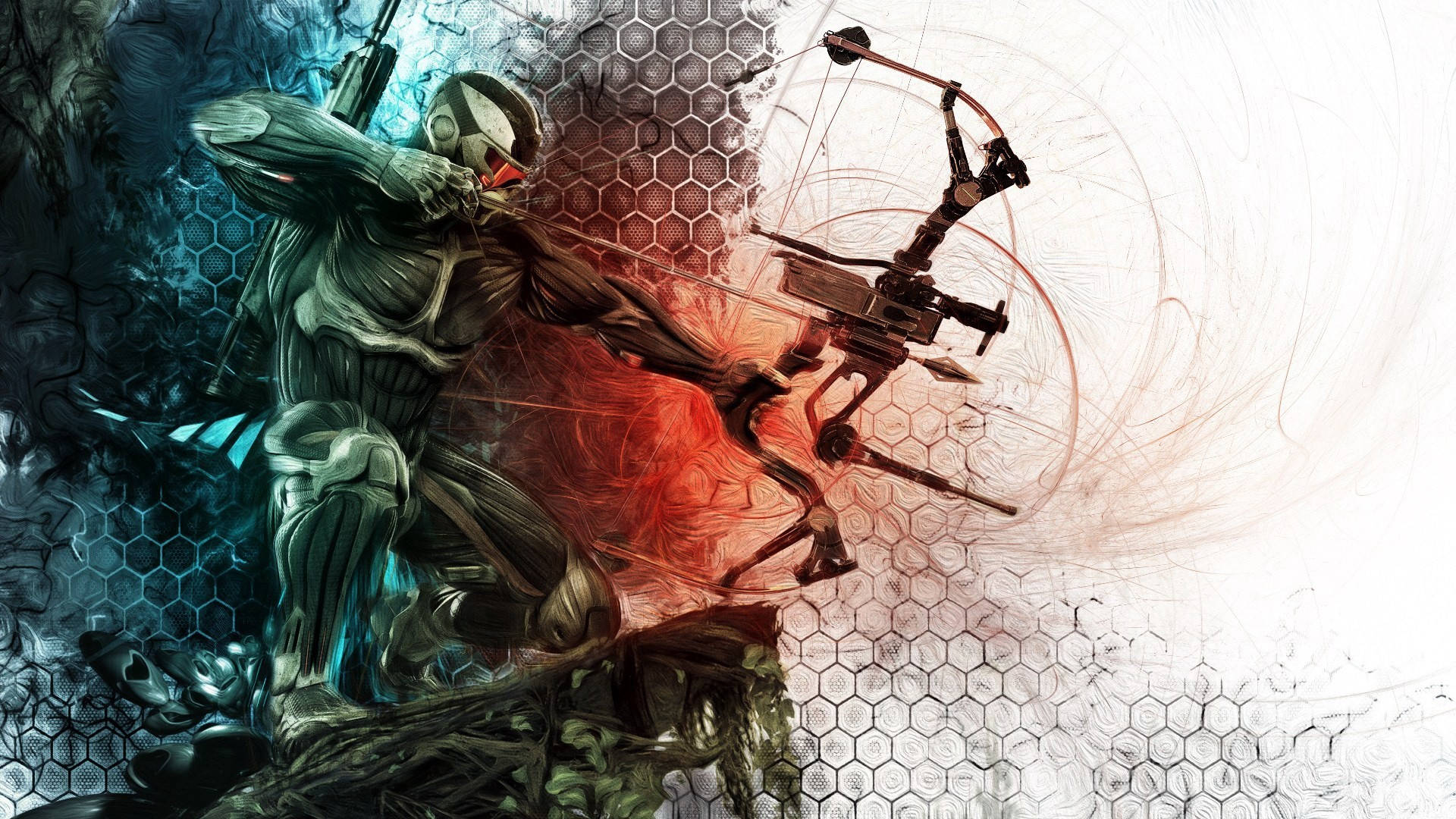 Crysis 3 抽象六角形格子 壁紙 — 一名身穿戰術裝備的未來士兵，在六邊形圖案背景和旋轉的紅藍能量中拉開高科技弓。