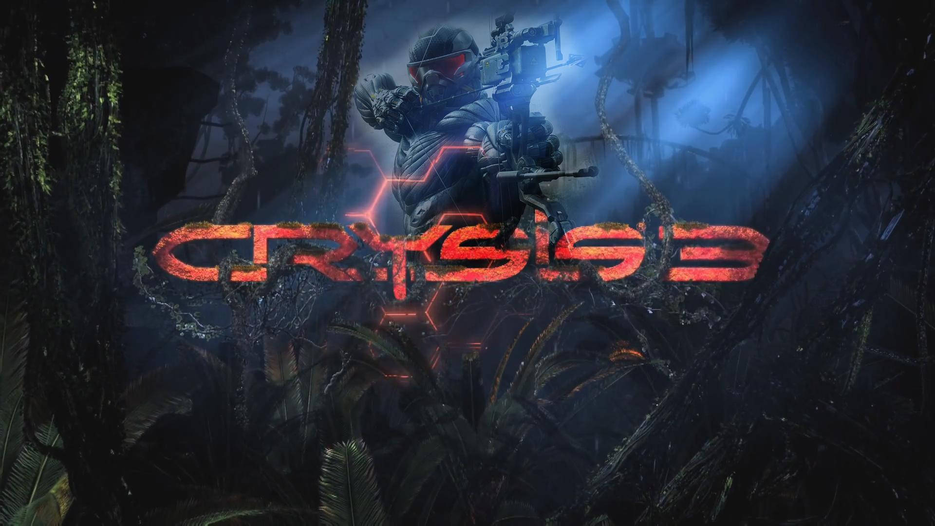 Crysis 3 標誌熔岩版 壁紙 — 一名身穿未來盔甲的士兵站在黑暗叢林中，手持帶有發光紅色標題文字的武器。