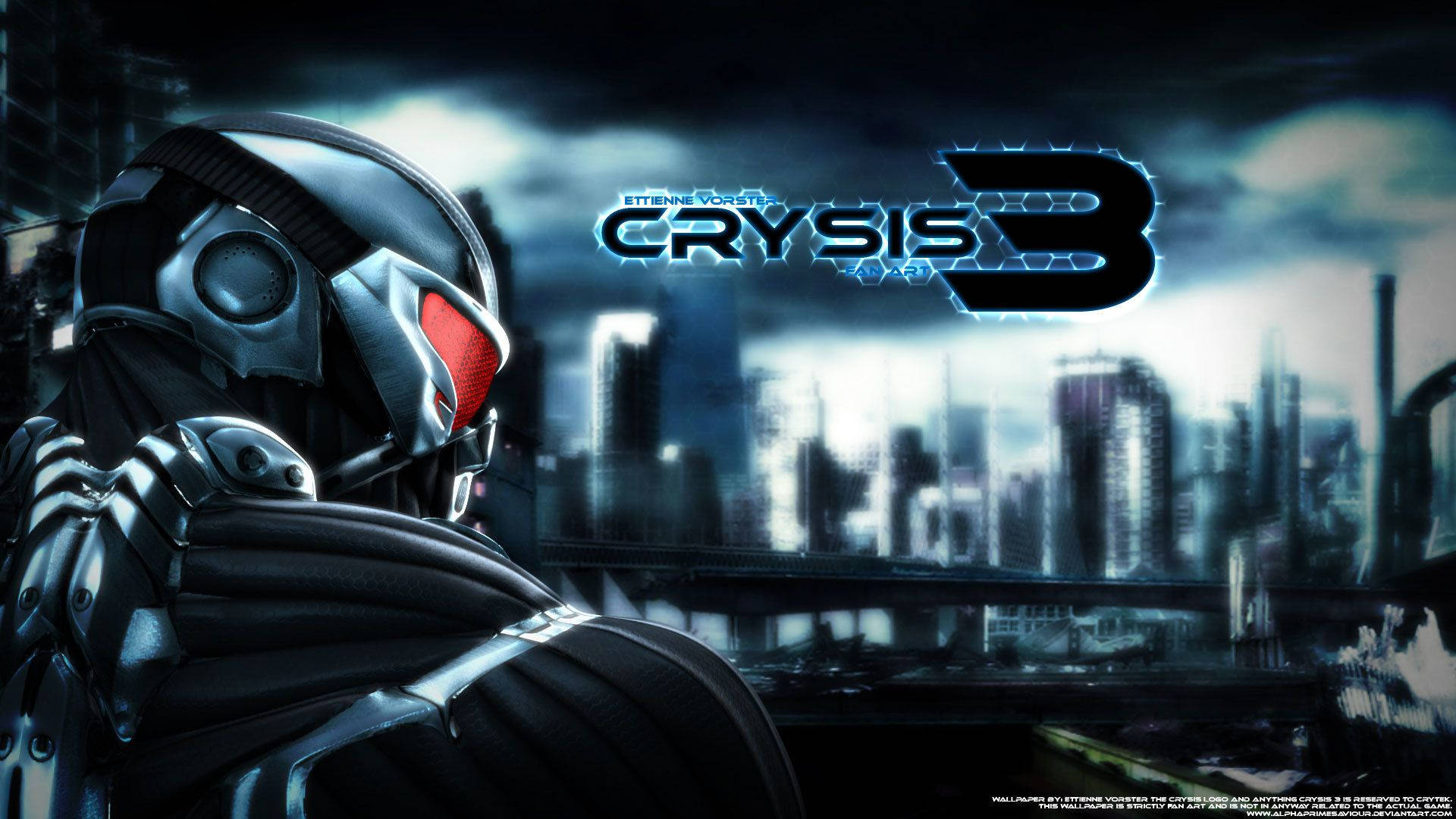 Crysis 3 標誌與城市天際線 壁紙 — 一名身穿未來裝甲的士兵，眼睛發出紅光，站在風雨交加的天空下，面對著雨夜中霓虹閃爍的城市天際線。