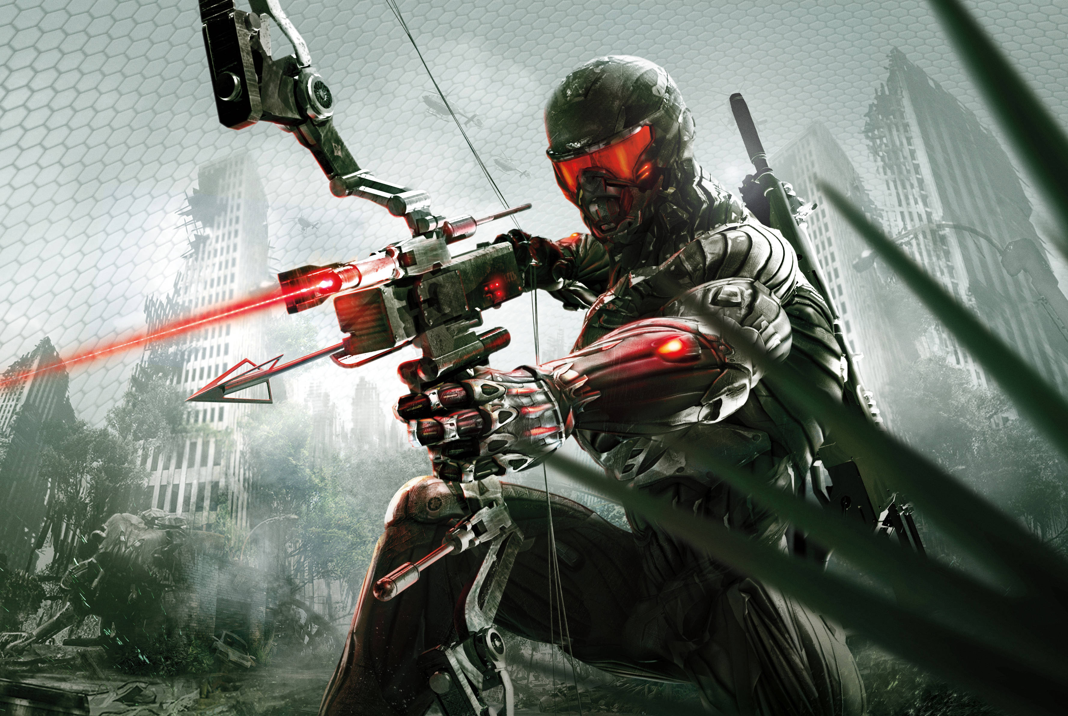 Crysis 3 激光弓 壁紙 — 一名身穿裝甲裝備的未來戰士，在廢墟城市背景下瞄準一把帶有紅色激光瞄準器的高科技弓。