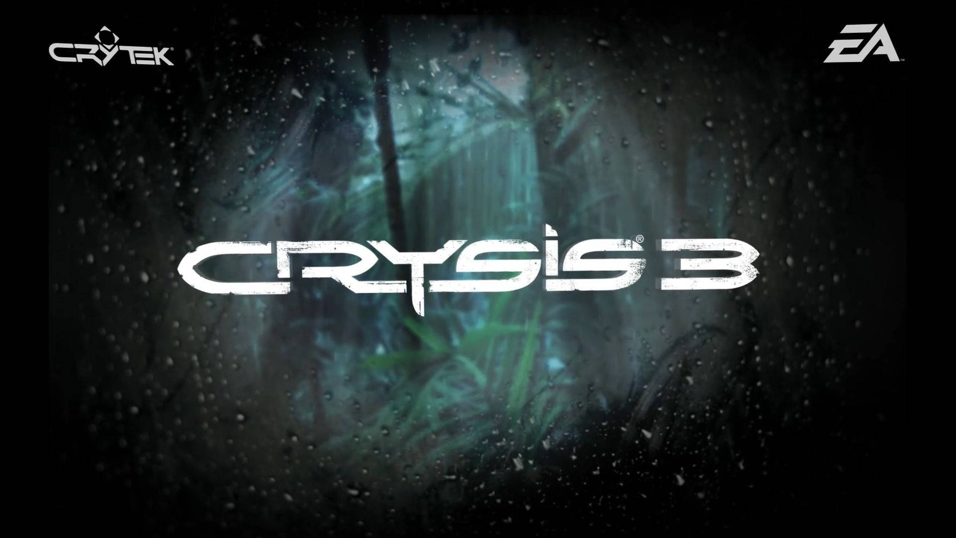 Crysis 3 白色標誌 壁紙 — 雨點濺灑的窗戶揭示了霧氣瀰漫的叢林，背後是醒目的Crysis 3標誌。
