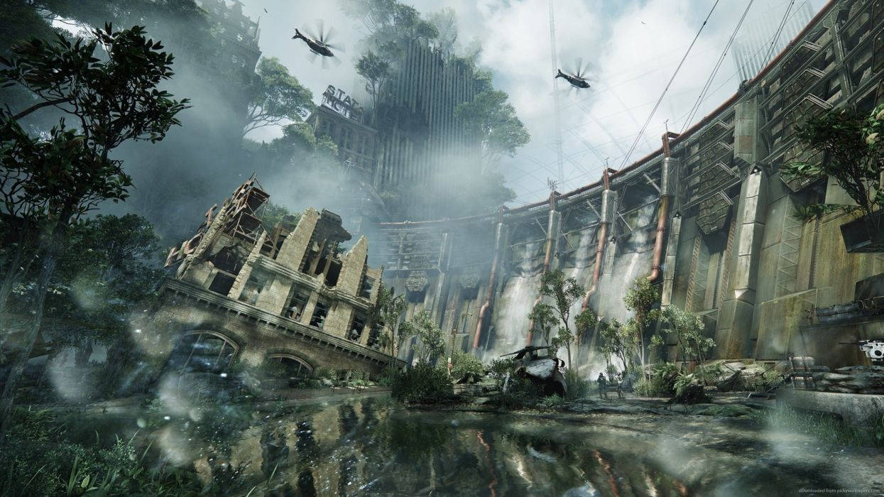 Crysis 3 破損溢洪道 壁紙 — 廢墟般的未來城市景觀，叢林藤蔓叢生，瀑布從破碎的摩天大樓中傾瀉而下，天空多雲。