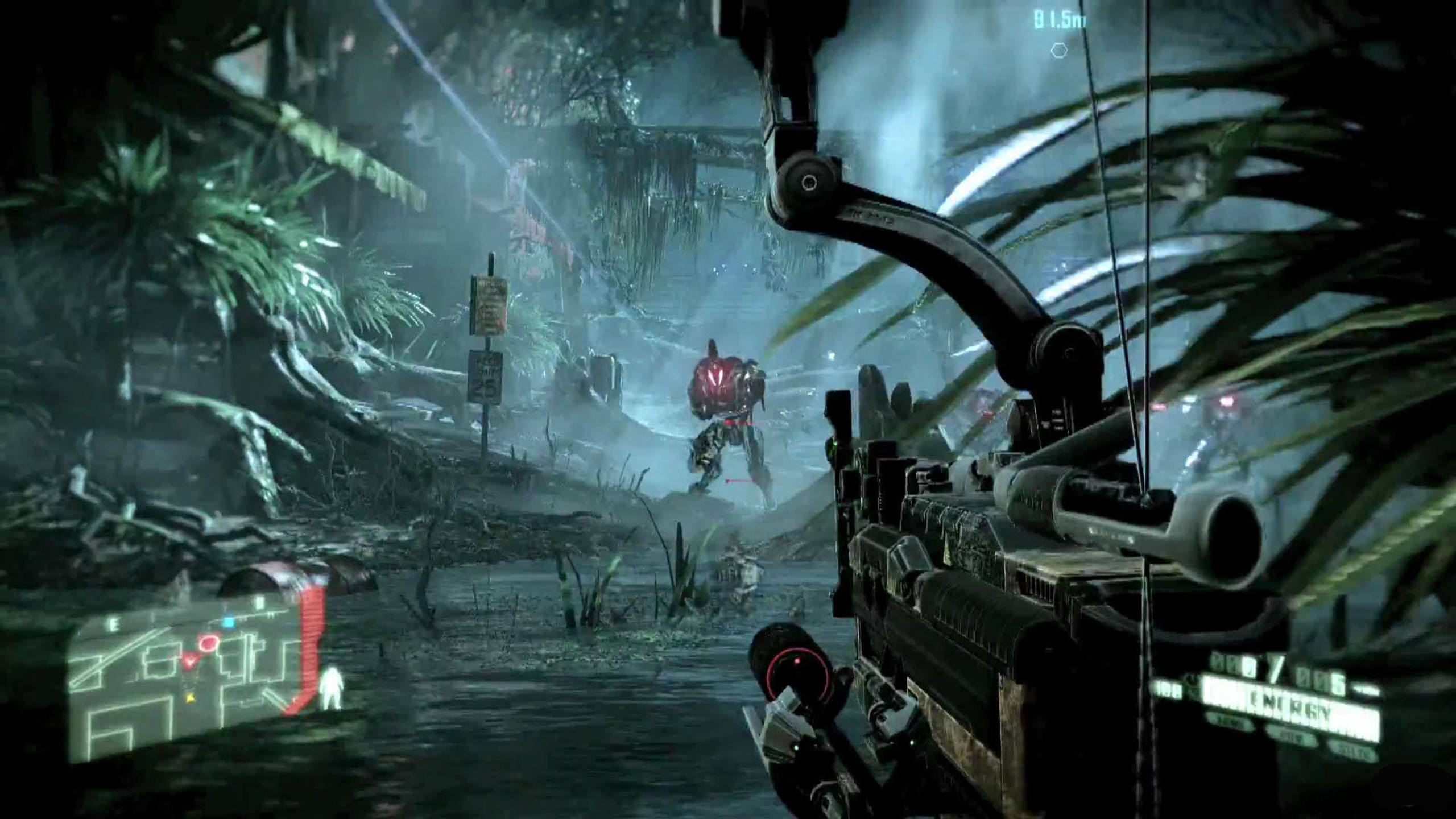Crysis 3 第一人稱視角 壁紙 — 第一人稱視角，玩家在迷霧叢林中瞄準一個發光的紅色裝甲敵人，帶有遊戲UI元素。