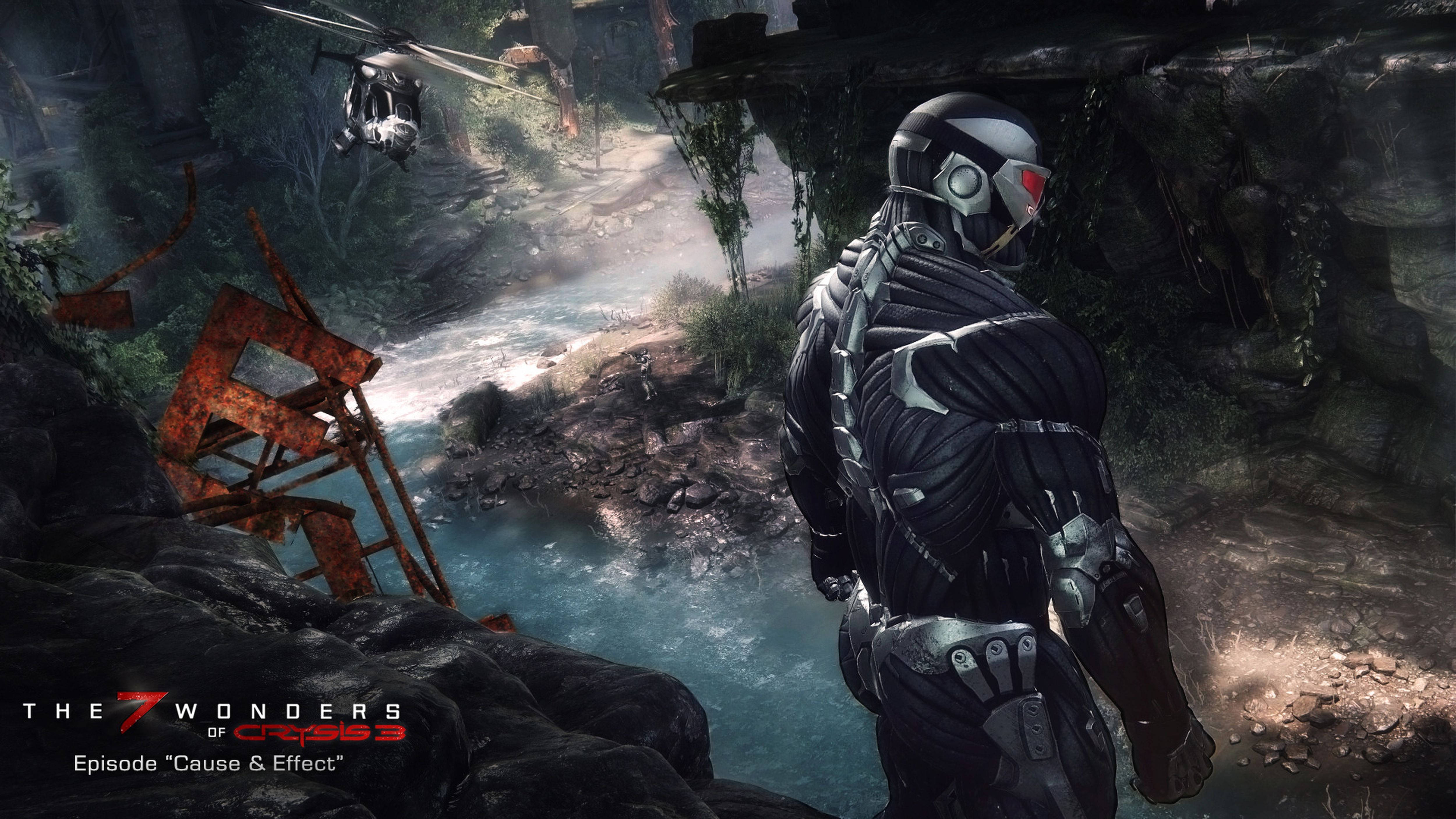 Crysis 3 等待直升機 壁紙 — 一名身穿黑色戰術裝備的士兵站在岩石峭壁上，俯瞰著湍急的河流，上方有一架直升機盤旋。