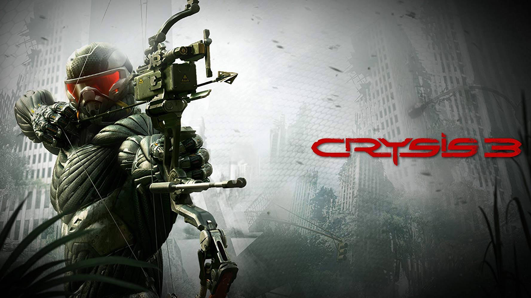 Crysis 3 紅色標誌 壁紙 — 一名身穿先進裝甲的士兵，瞄準高科技弓箭，背景是廢墟城市景觀，Crysis 3 標誌發出紅光。