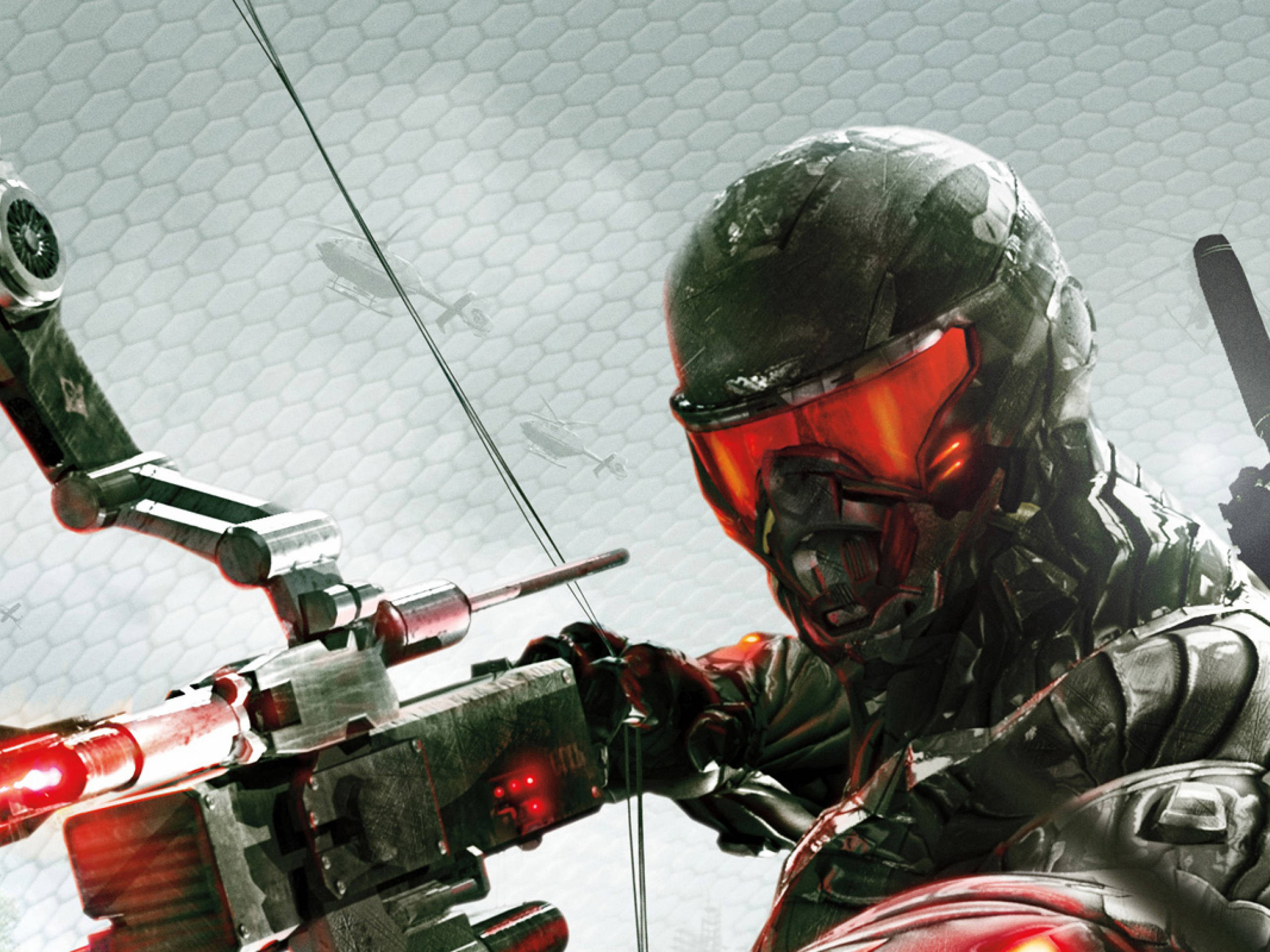 Crysis 3 納諾戰甲紅視窗 壁紙 — 一名身穿暗色盔甲、帶有發光紅色護目鏡的未來戰士，正瞄準一把高科技弓，背景為六邊形圖案。