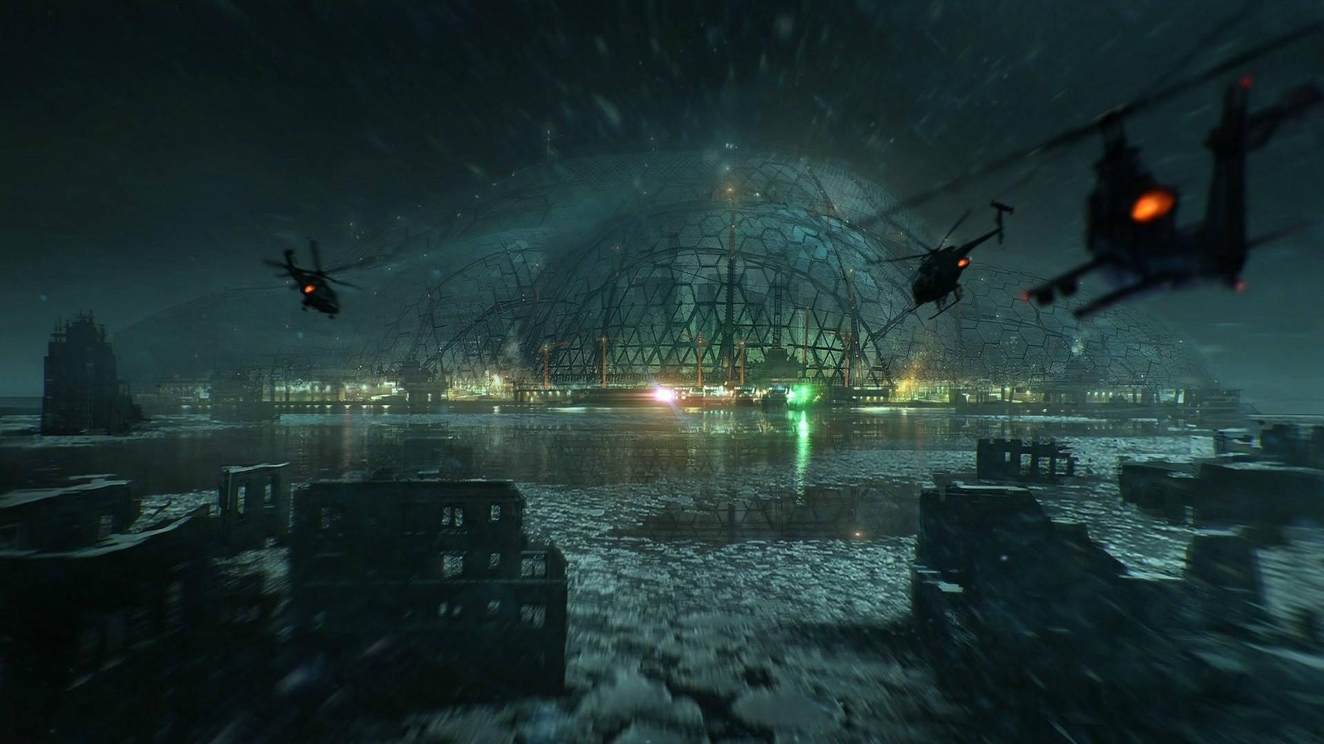 Crysis 3 紐約自由穹頂 壁紙 — 直升機在夜間飛越被雪覆蓋的廢墟城市，朝向一個發光的圓頂結構。