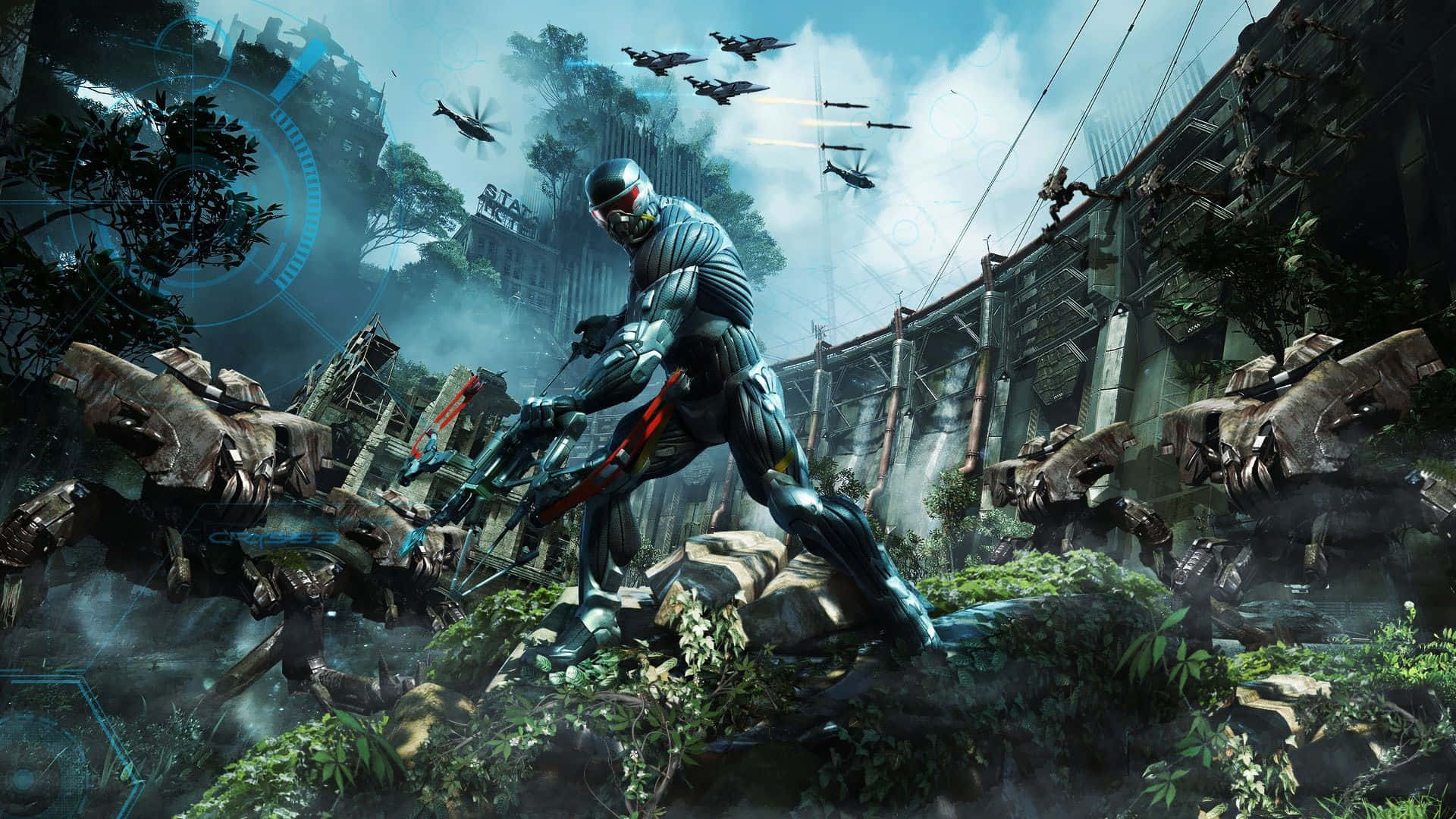 《Crysis 3》遊戲中的高畫質飛機戰鬥場景 壁紙 — 一名身穿時尚盔甲的未来士兵在陰雲密布的天空下，於雜草叢生的廢墟中與機械敵人作戰。
