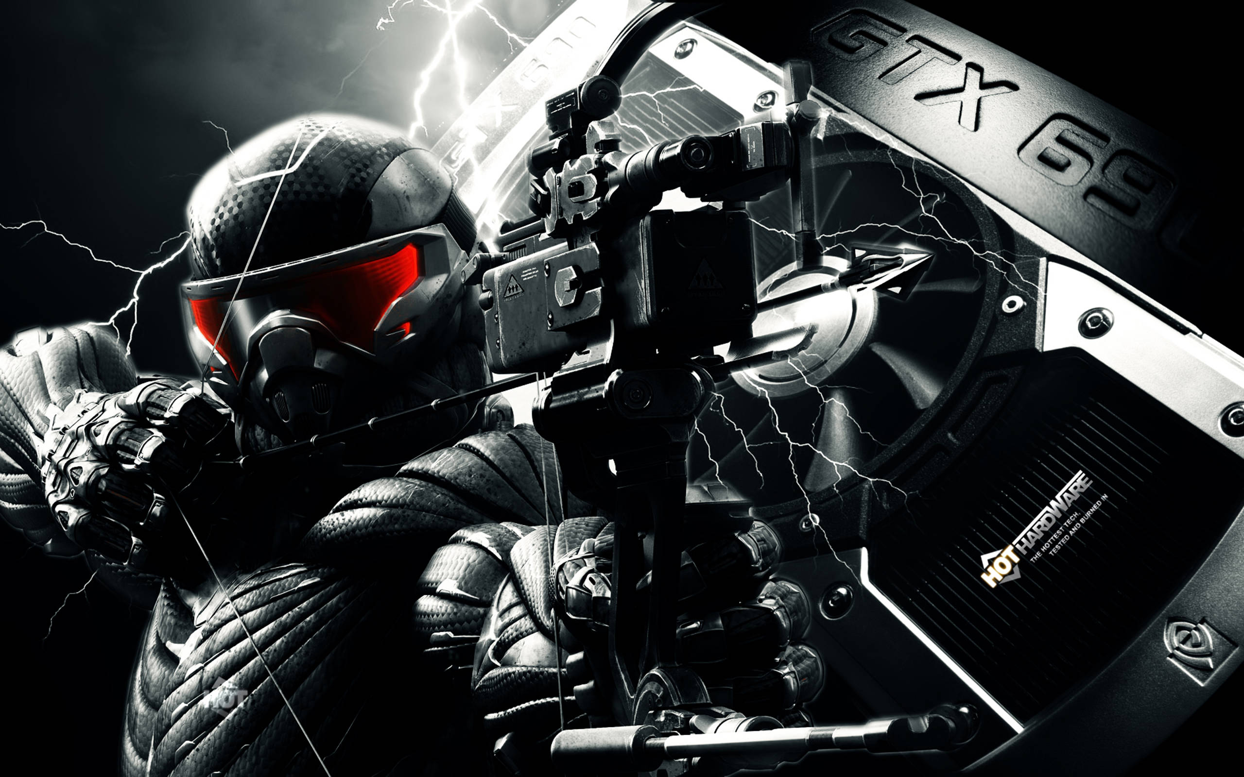 Crysis 3 預言者 GTX 標誌 壁紙 — 一名身穿黑色盔甲、戴著發光紅色護目鏡的未來士兵，以一張閃電劈啪作響的 GTX 690 顯示卡為背景，瞄準武器。