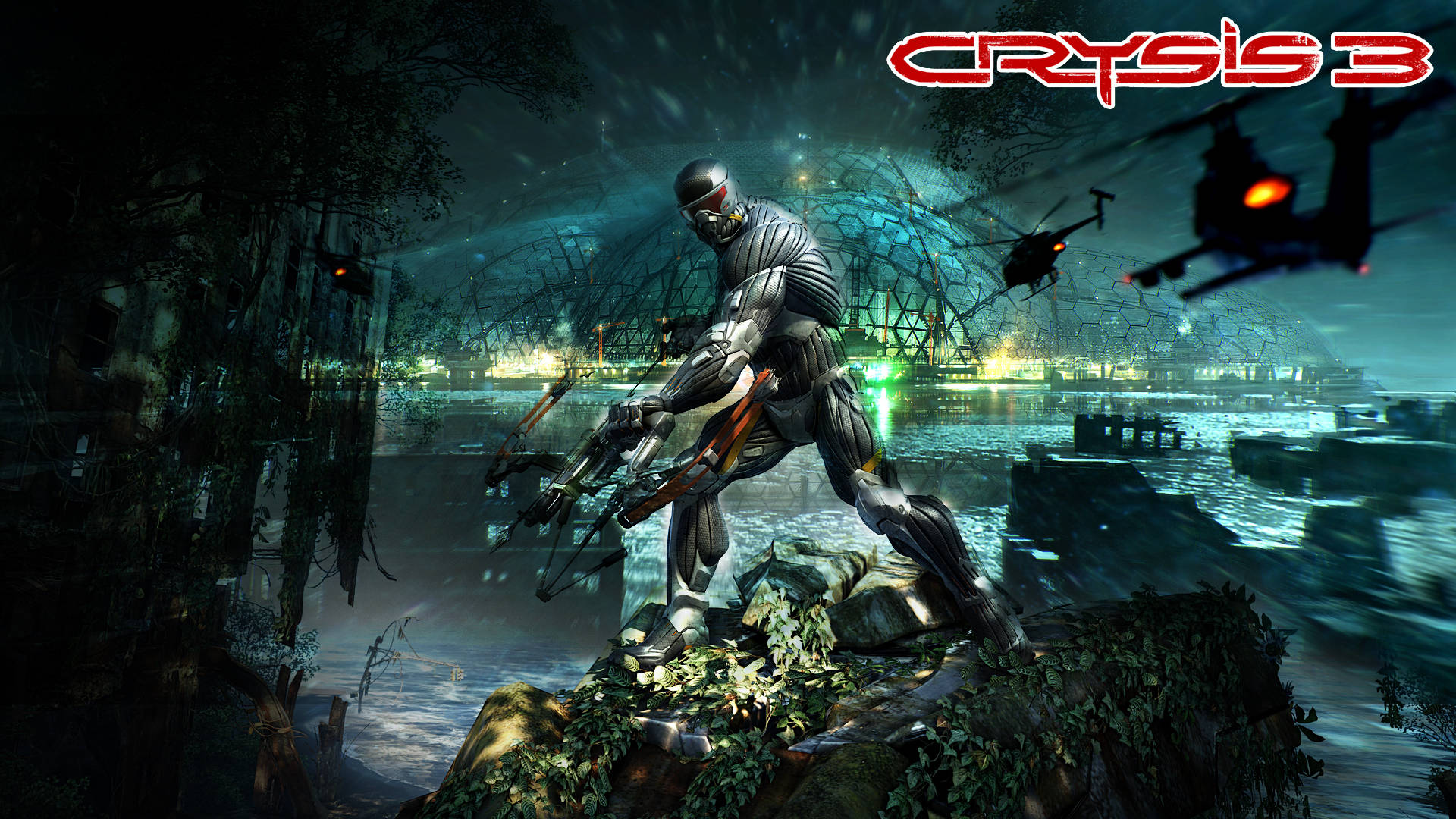 Crysis 3 預言者對抗穹頂 壁紙 — 一名身穿未來裝甲的士兵蹲在長滿青苔的廢墟上，俯瞰夜間發光的外星城市，直升機在頭頂飛過。