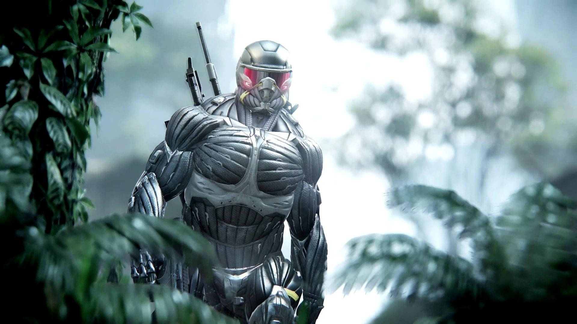 Crysis 3 預言者森林 壁紙 — 在明亮的日光下，一名擁有發光紅眼的未來風格裝甲士兵站在茂密的叢林樹葉中。