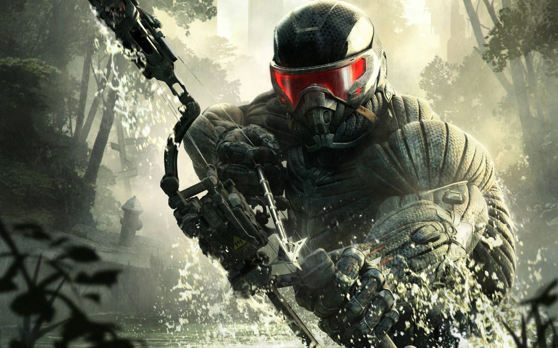 Crysis 3 預言者沼澤水 壁紙 — 一名身穿重甲、戴紅色護目鏡的士兵，在迷霧森林中手持未來風格的弓涉水而行。