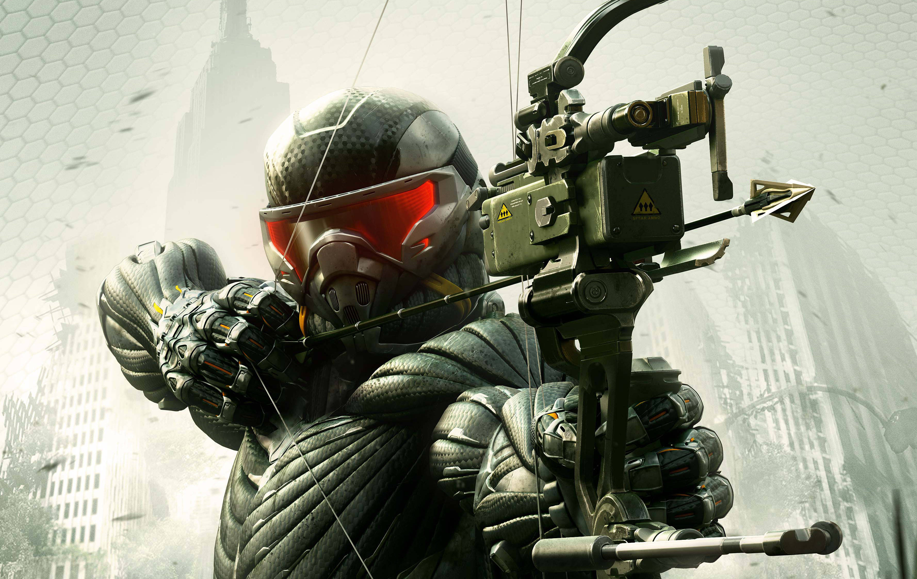 Crysis 3 預言者獵豹弓 壁紙 — 一名戴著頭盔、紅色護目鏡發光的未來戰士，正拉開高科技弓，瞄準模糊的城市天際線。