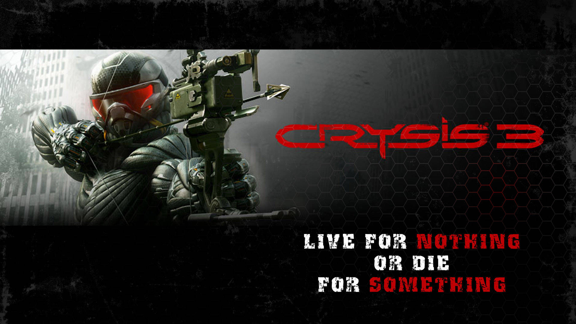 Crysis 3 預言者與名言 壁紙 — 一名身穿未來盔甲的士兵在 gritty 城市背景下瞄準一把高科技弓，背景有紅色發光眼睛和遊戲標題文字。
