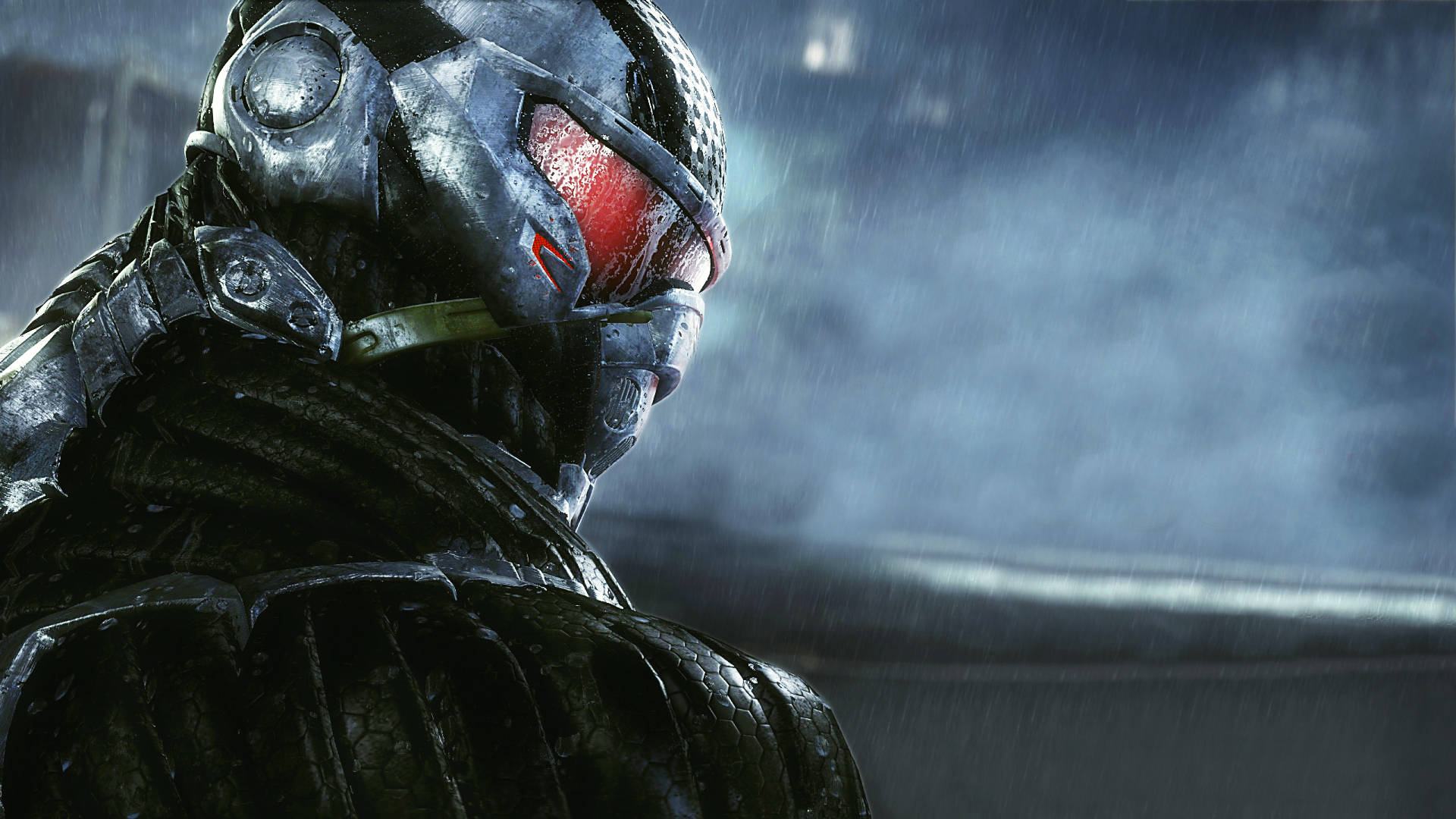 Crysis 3 預言者雨中 壁紙 — 一個被雨淋濕的裝甲人物，眼睛發出紅光，站在黑暗的城市風暴中，頭盔反射著濕漉漉的城市燈光。