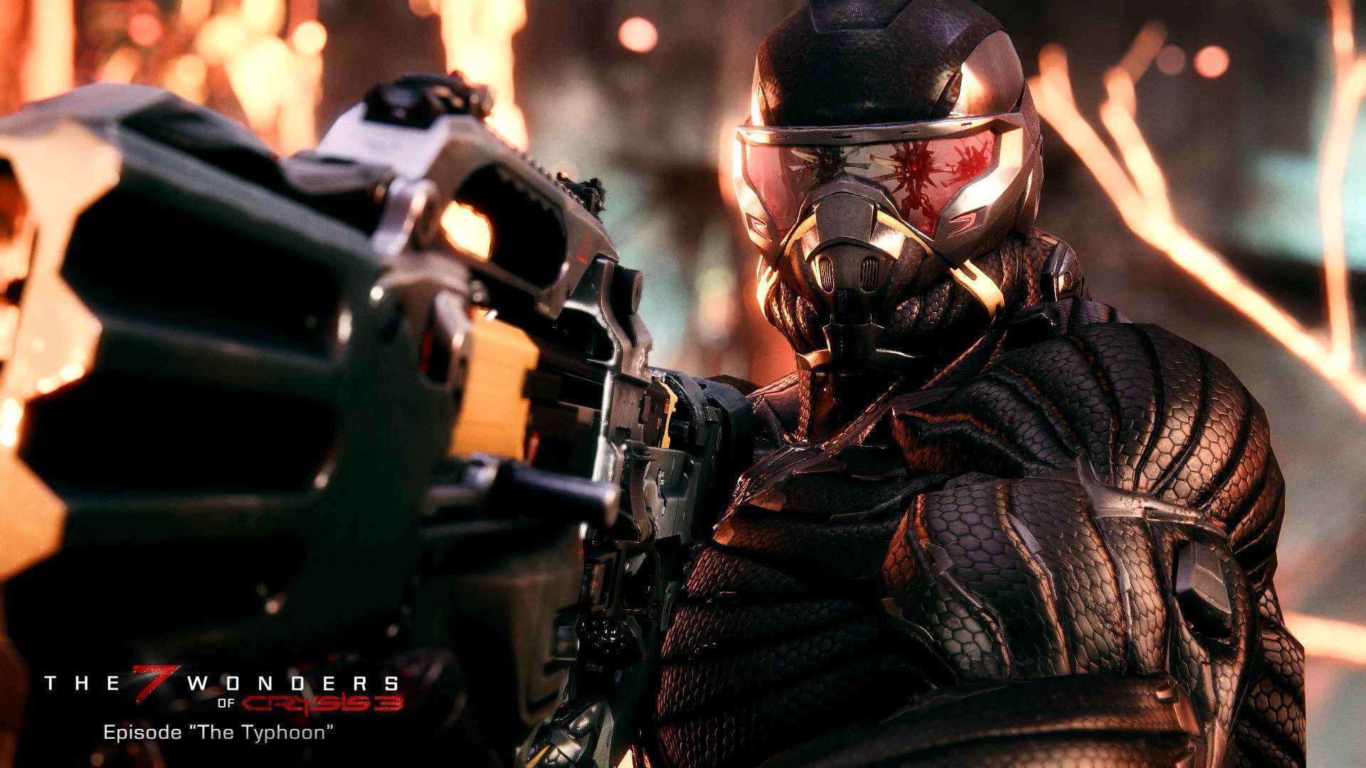 Crysis 3 風暴 壁紙 — 一名戴面具的士兵身穿黑色戰術裝備，瞄準重型武器，背景是火熱的城市。