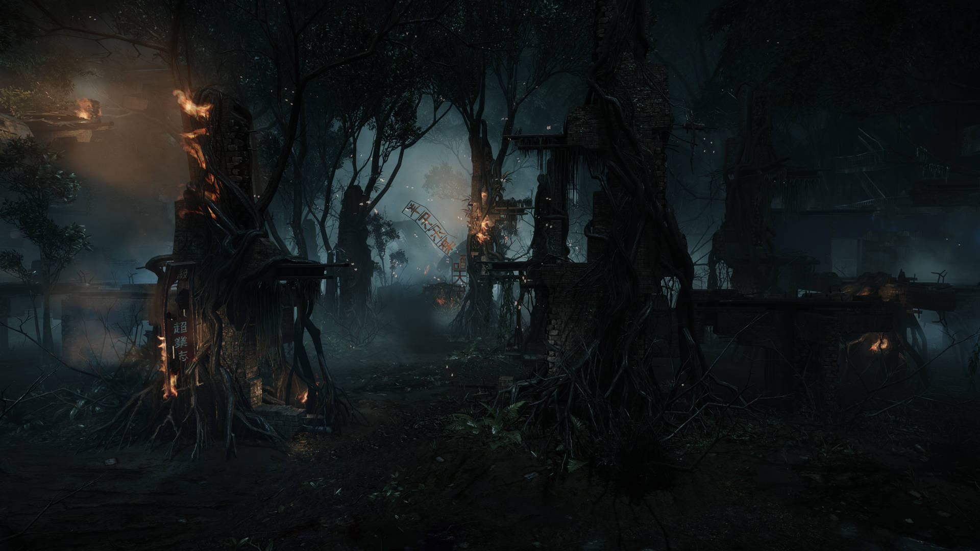 Crysis 3 鬼魅森林 壁紙 — 夜晚中令人毛骨悚然的黑暗森林，扭曲的樹木和閃爍的火光照亮腐朽的建築。