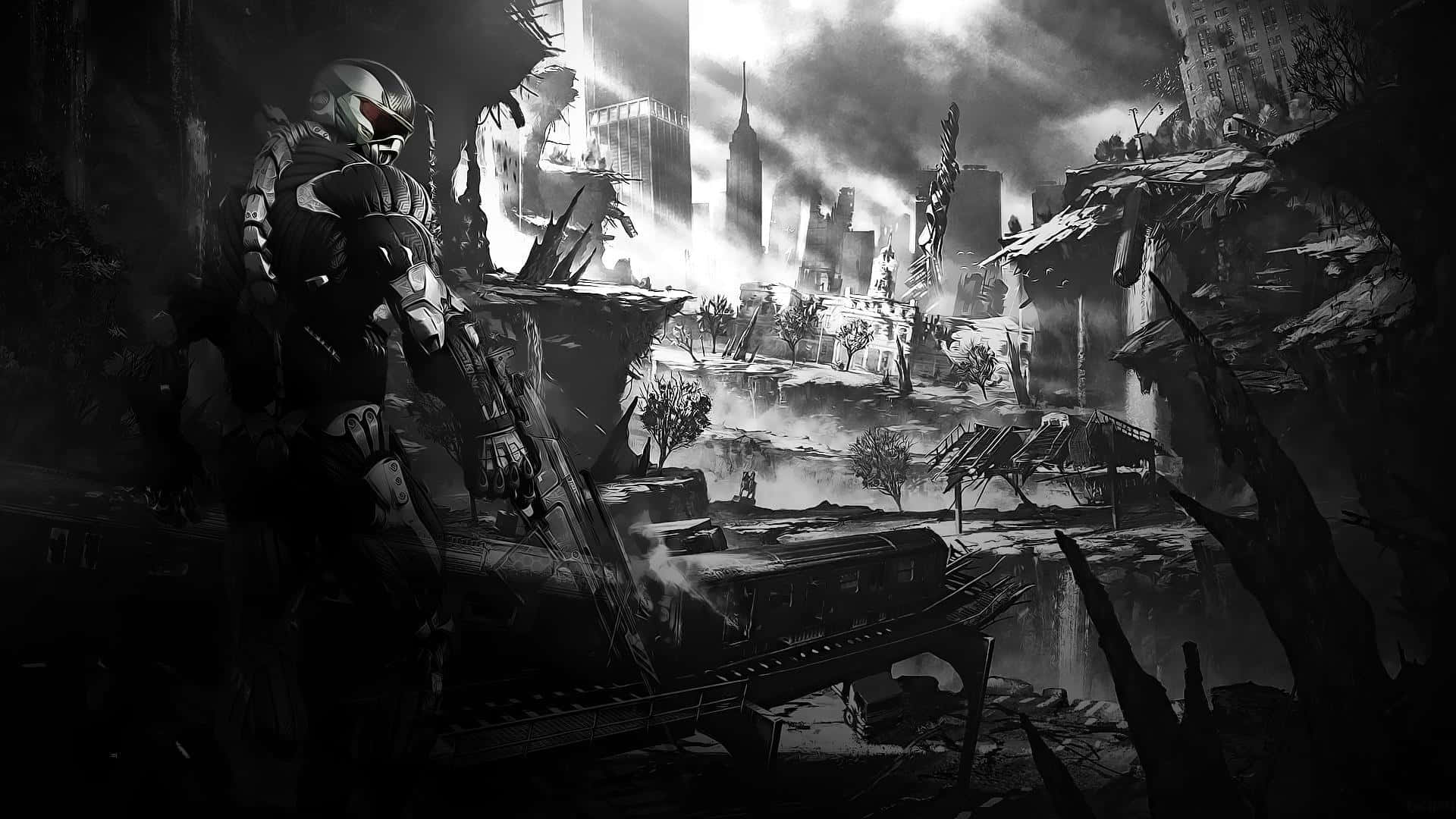 Crysis 高畫質沉浸世界 壁紙 — 一個孤獨的裝甲身影站在荒涼、戰火摧殘的城市景觀中，周圍是 crumbling 的摩天大樓和破損的基礎設施，天空陰暗且風暴來襲。