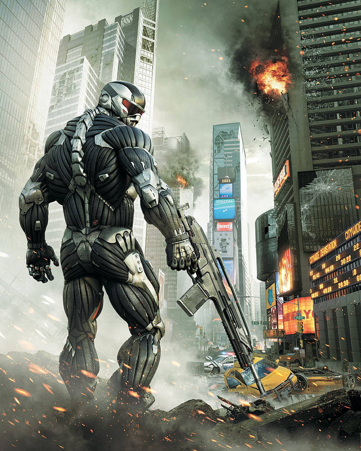 《Crysis Remastered》燃燒城市廢墟 壁紙 — 一個高聳的裝甲戰士在爆炸和瓦礫中，大步走過一個燃燒的未來城市景觀。