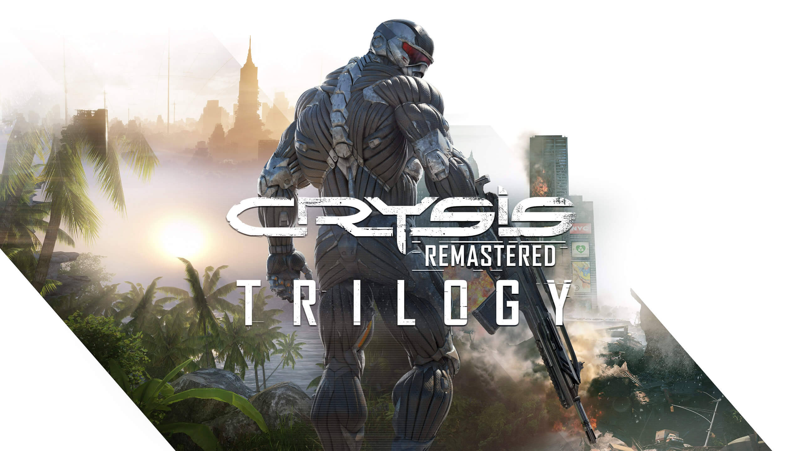 《Crysis Remastered》高品質遊戲畫面的激烈瞬間 壁紙 — 一名重裝士兵站在熱帶廢墟中，背後是日出時閃耀的未來城市天際線。
