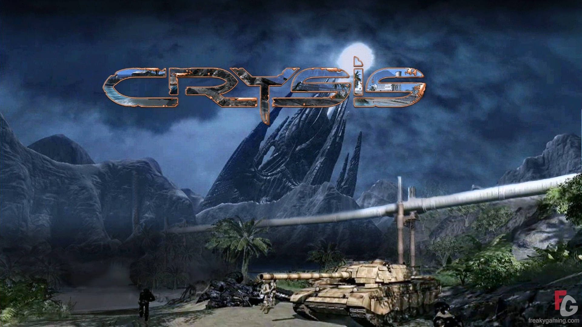 Crysis 遊戲場景中，月光下的山脈旁，士兵靠近坦克