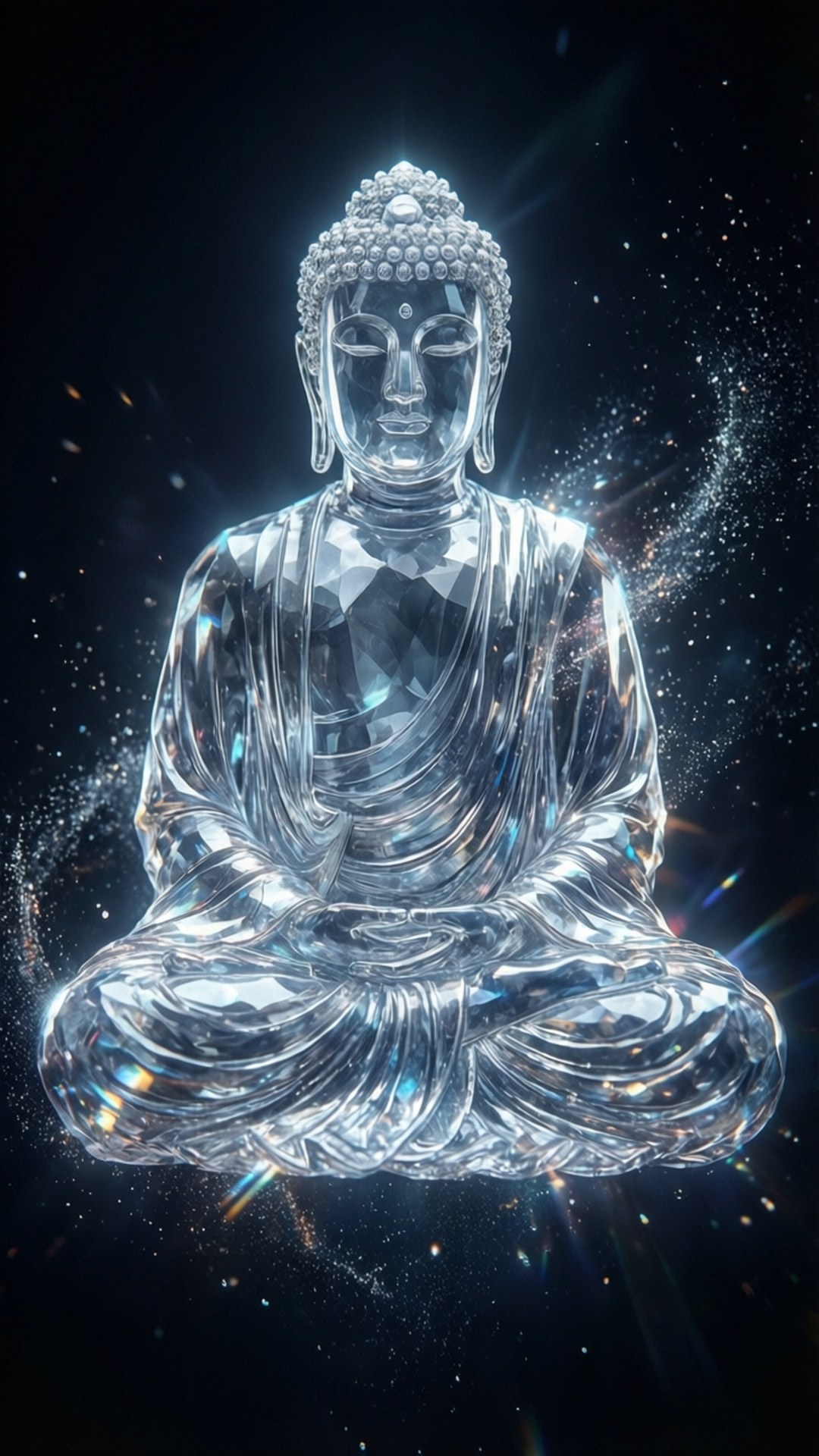 水晶佛像在太空中冥想，伴隨著發光的射線和星星