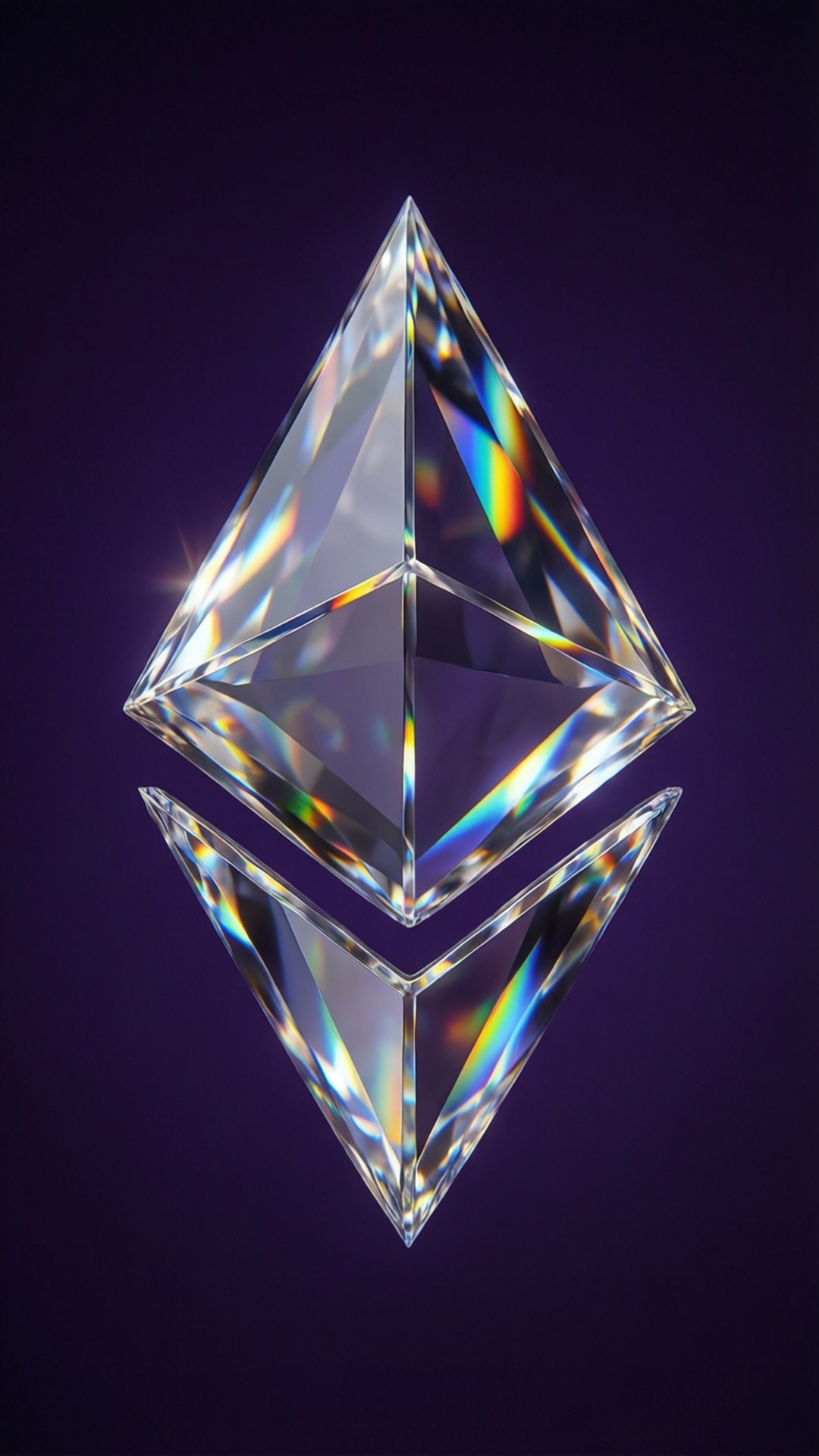Crystal Ethereum Diamond 壁紙 — 一個帶有彩虹棱鏡的刻面水晶鑽石標誌漂浮在深紫色背景上。