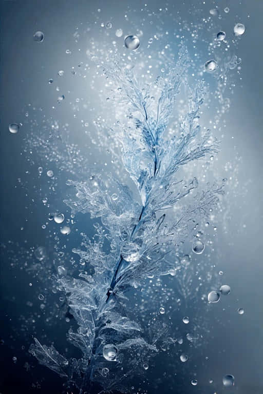 Crystal Frost Underwater Elegance 壁紙 — 一株精緻的藍色植物在漸變藍色背景上透過水滴和氣泡顯現。