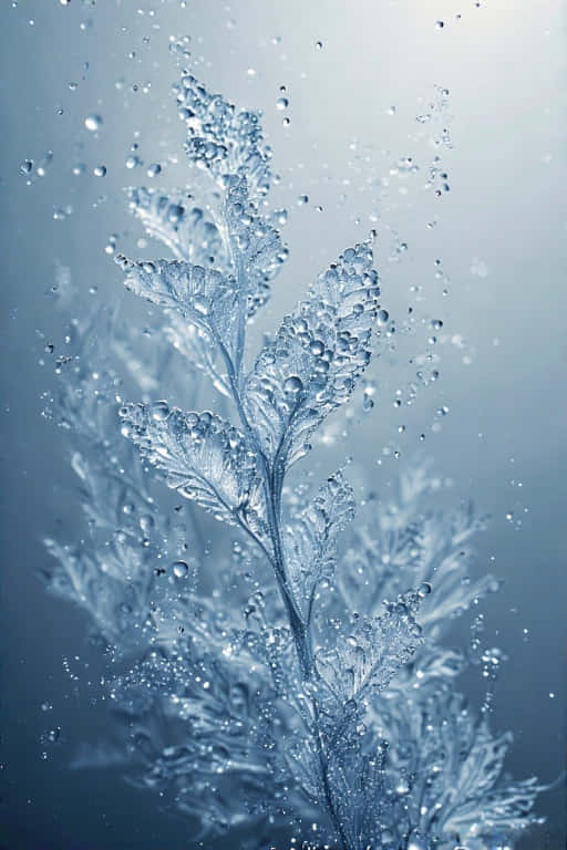 蕨葉浸在水中，周圍有氣泡升起，背景為藍色。