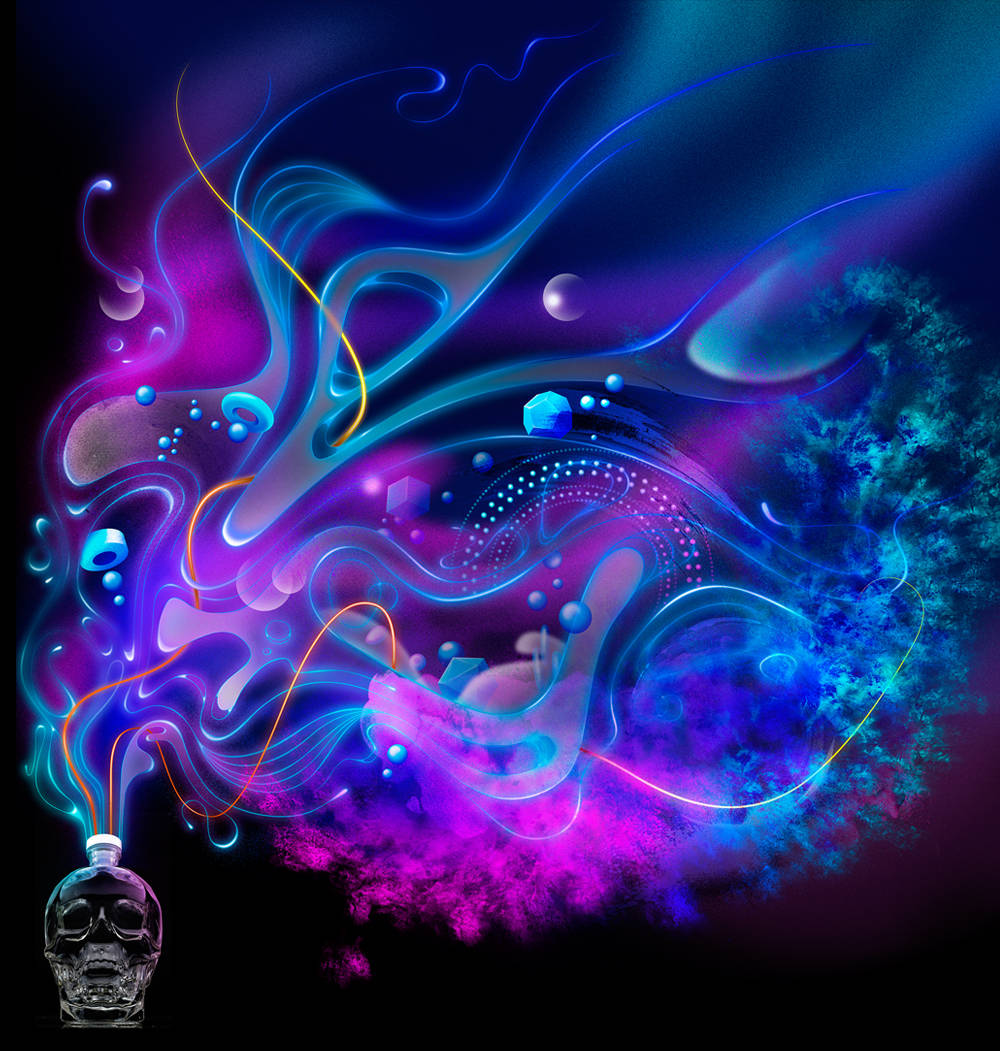 星際主題的Crystal Head伏特加 壁紙 — 一個骷髏形狀的瓶子在黑暗的宇宙背景下發出藍色、紫色和橙色的發光霓虹漩渦。