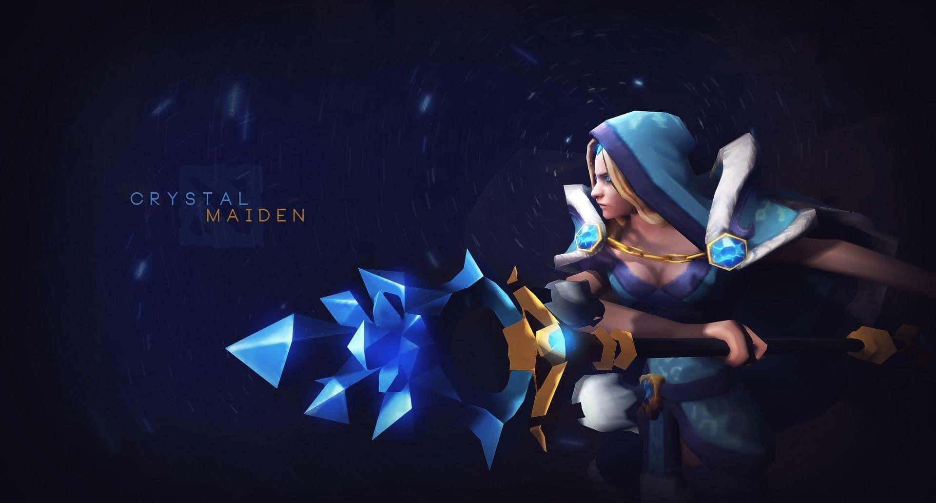 Crystal Maiden 桌布 壁紙 — Crystal Maiden 在黑暗星空背景中揮舞著發光的藍色水晶斧頭，伴隨著墜落的粒子。