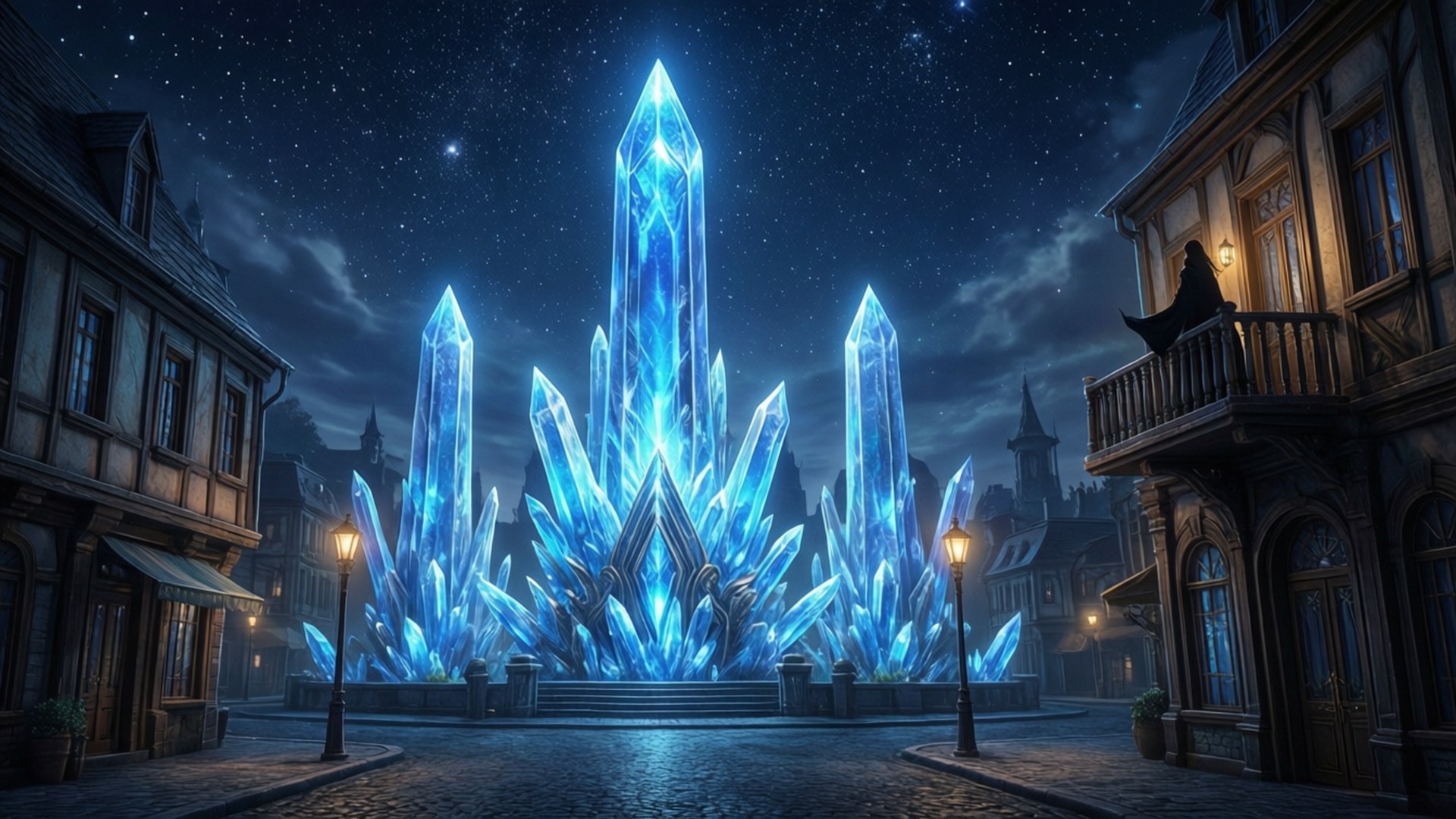 Crystarium Night Glow 壁紙 — 發光的藍色水晶形成照亮了星空下鵝卵石鋪成的城鎮廣場。