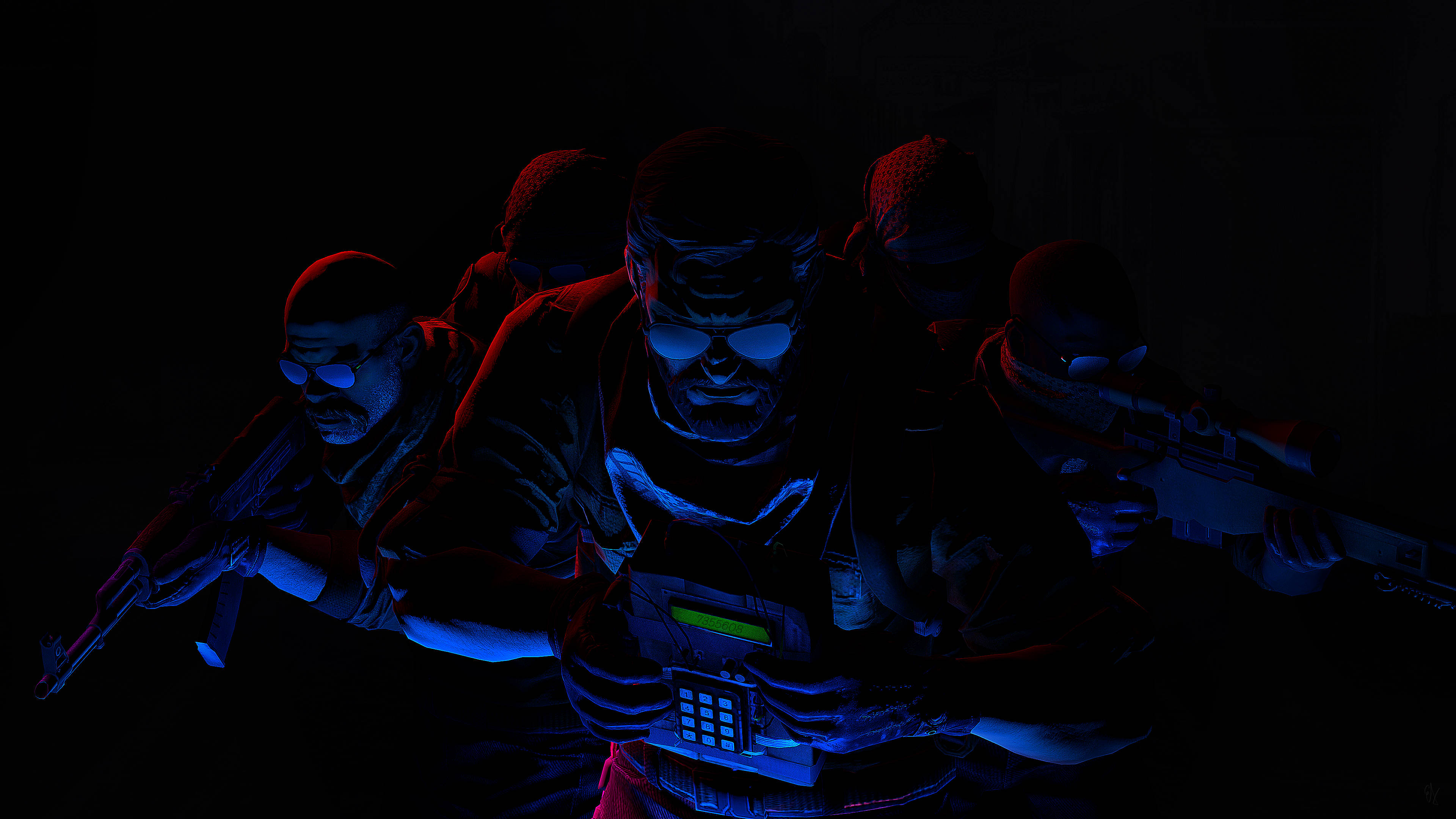 暗黑精英小隊 CS GO 4K 壁紙 — 剪影戰術團隊身穿深色裝備，被藍色和紅色燈光照亮，在隱蔽夜間行動中瞄準武器。