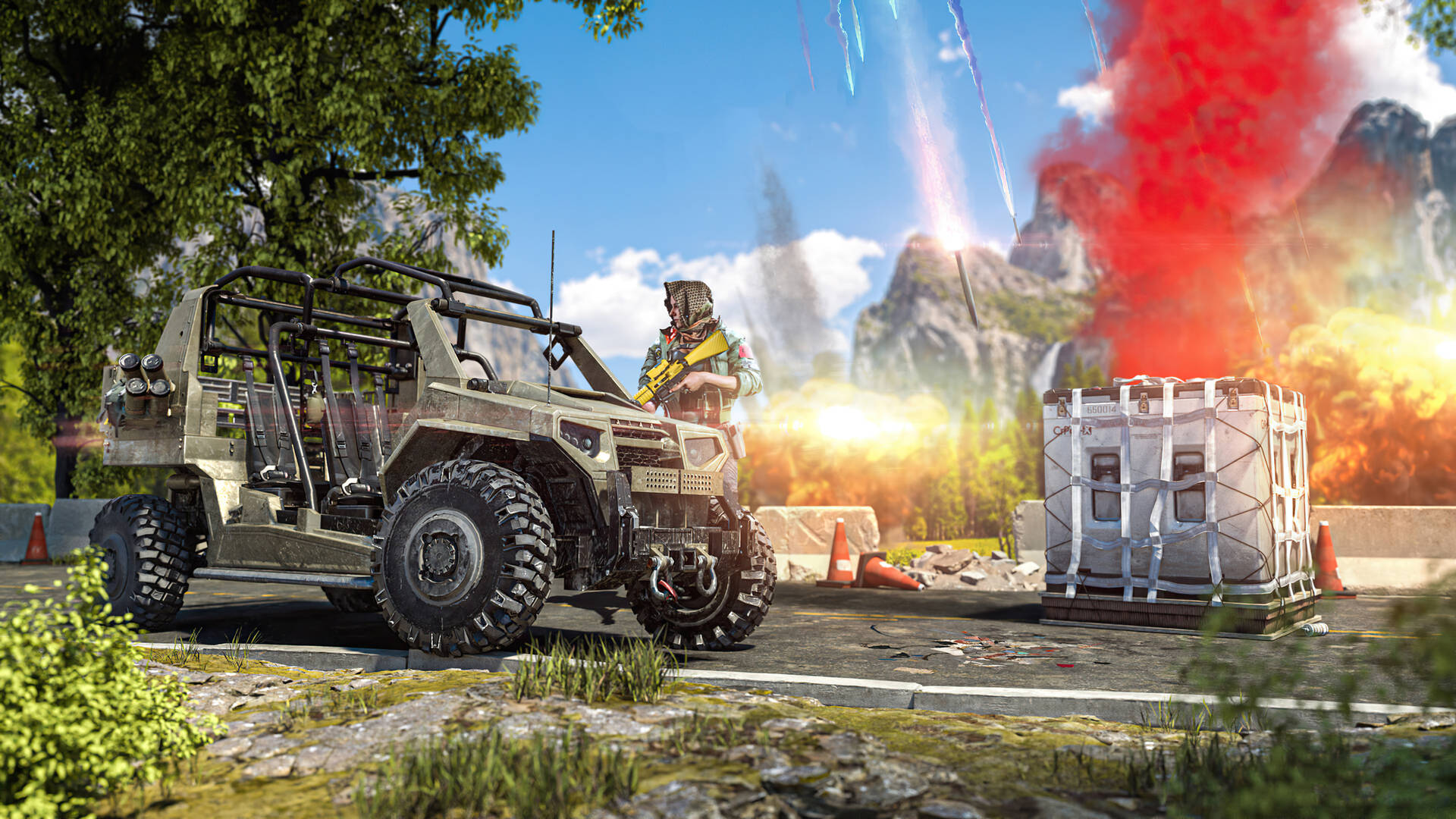 士兵在山區地形爆炸期間靠近軍車。