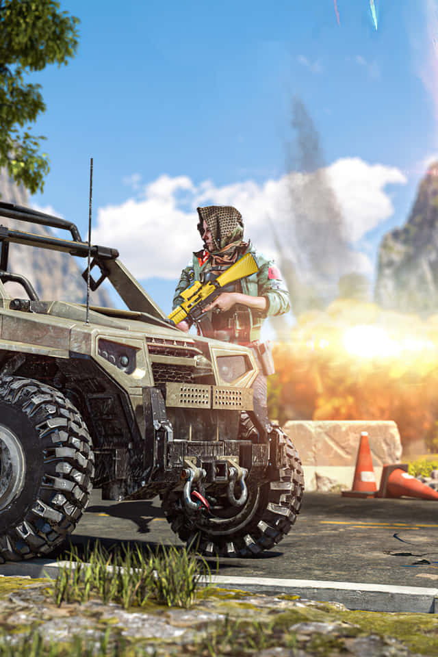 爆炸期間，士兵持武器站在裝甲車旁，身處開闊地形。