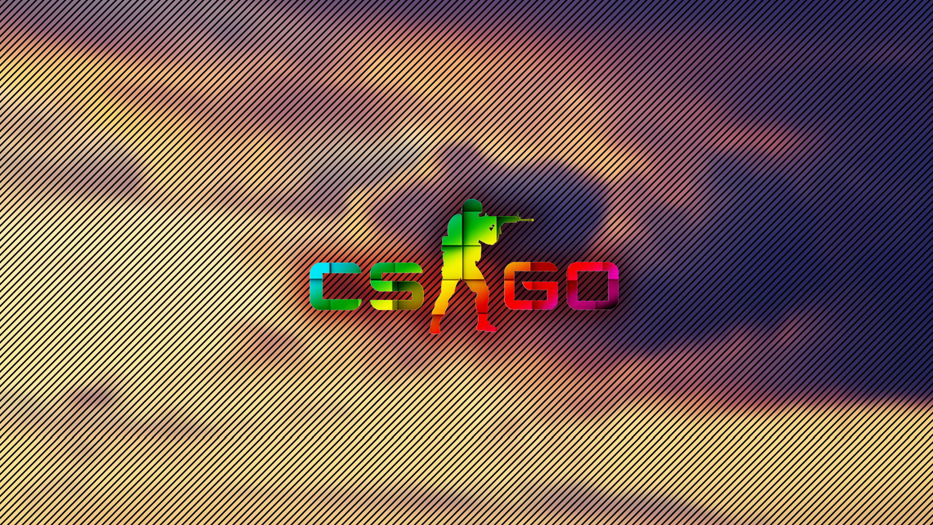 CS GO標誌，帶有彩虹色玩家剪影，背景是日落天空。