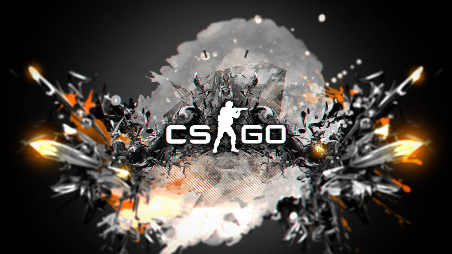 CS GO標誌，帶有爆炸性金屬碎片和熾熱的橙色爆發。