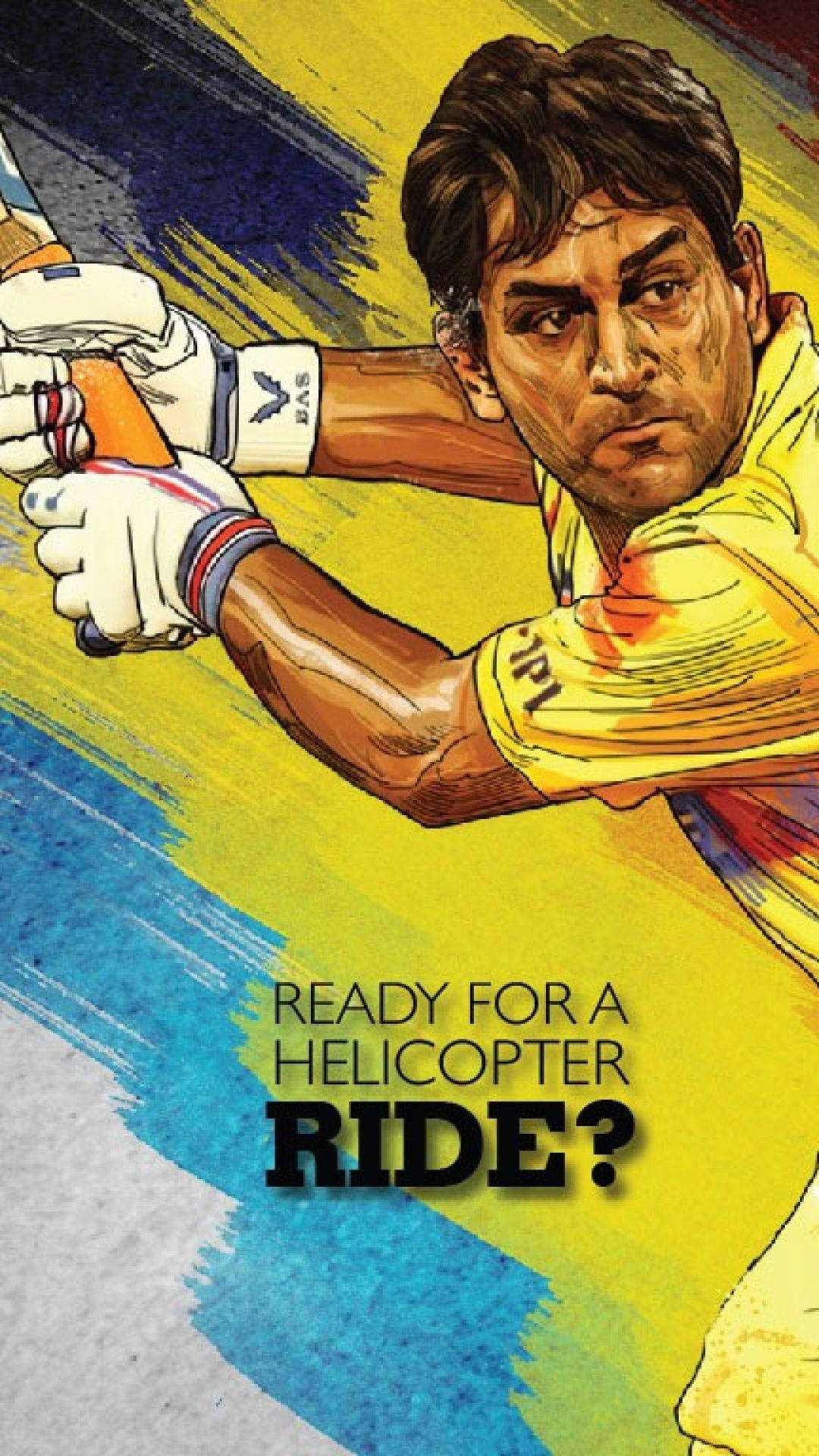 CSK Mahendra Singh Dhoni 粉絲藝術圖 壁紙 — 一名身穿黃色球衣的動態插圖板球運動員，在充滿活力的抽象背景上揮動球棒，帶有粗獷的筆觸。
