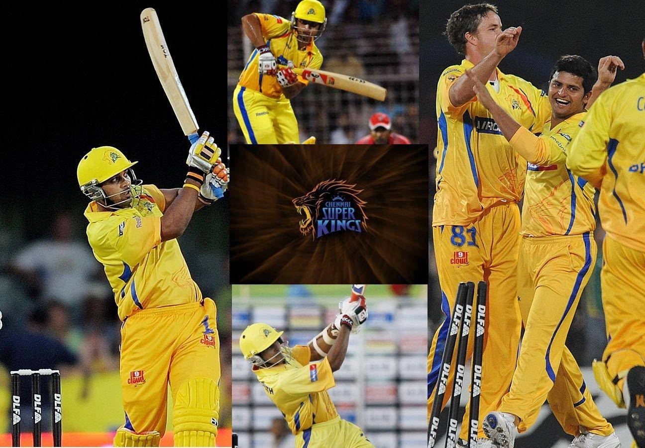 CSK球員MS Dhoni 壁紙 — 動態拼貼：金奈超級國王板球隊球員身穿黃色球衣，在球場燈光下慶祝和擊球。
