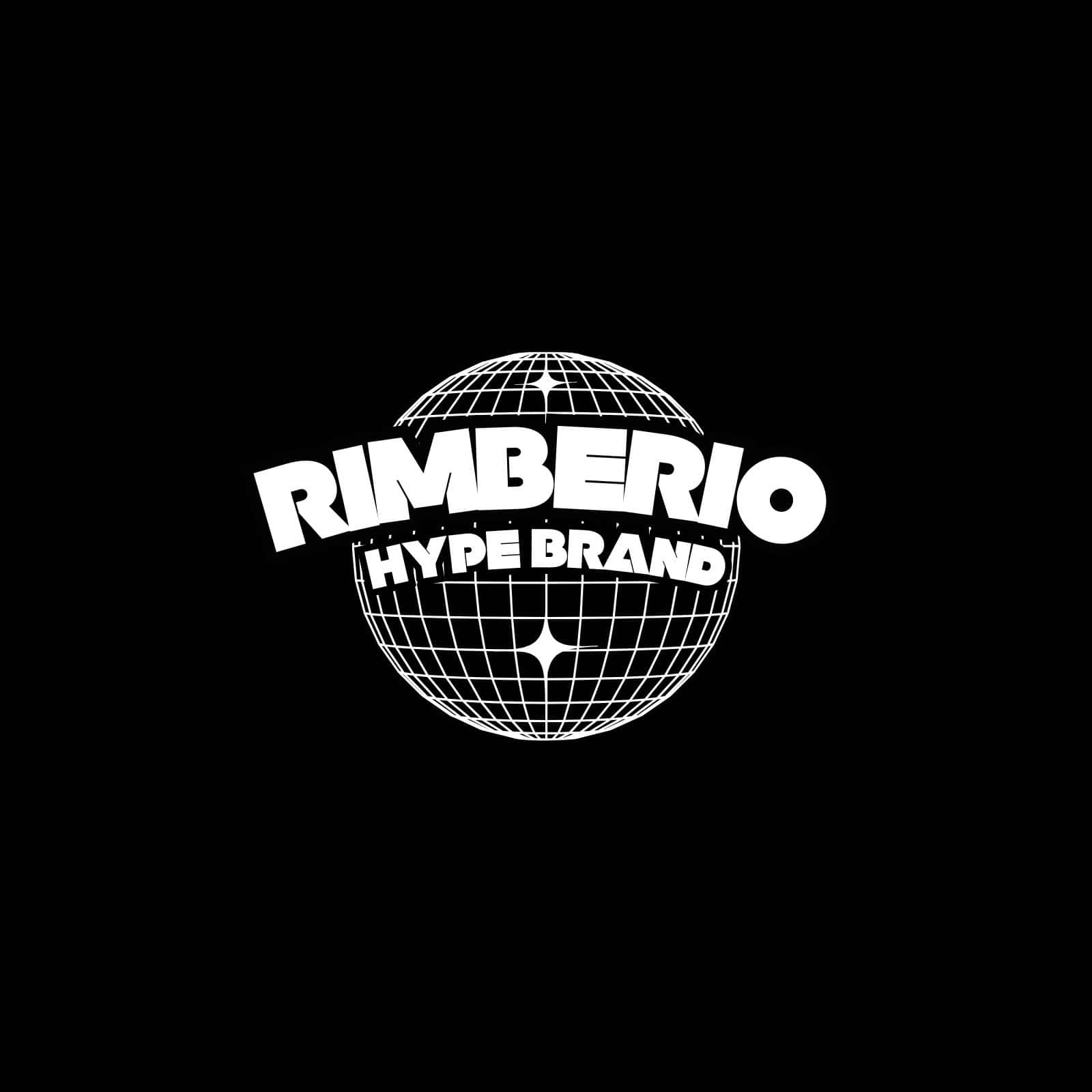  壁紙 — 粗體白色文字「RIMBERIO HYPE BRAND」纏繞在純黑色背景上的網格圖案迪斯科球上。