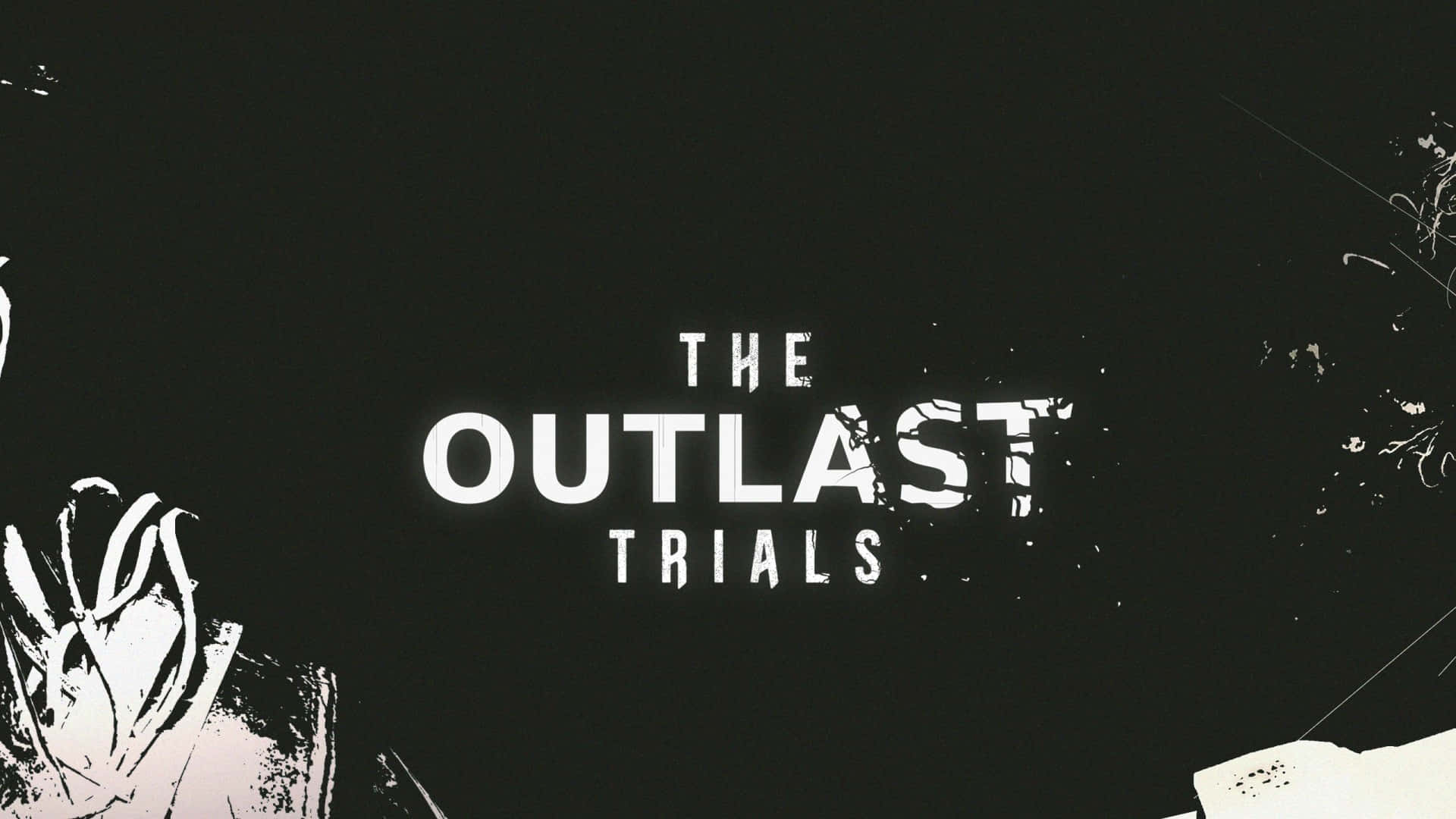  壁紙 — 粗體白色文字寫著「THE OUTLAST TRIALS」，背景是粗糙的黑色，帶有飛濺的墨水和抽象的白色筆觸。