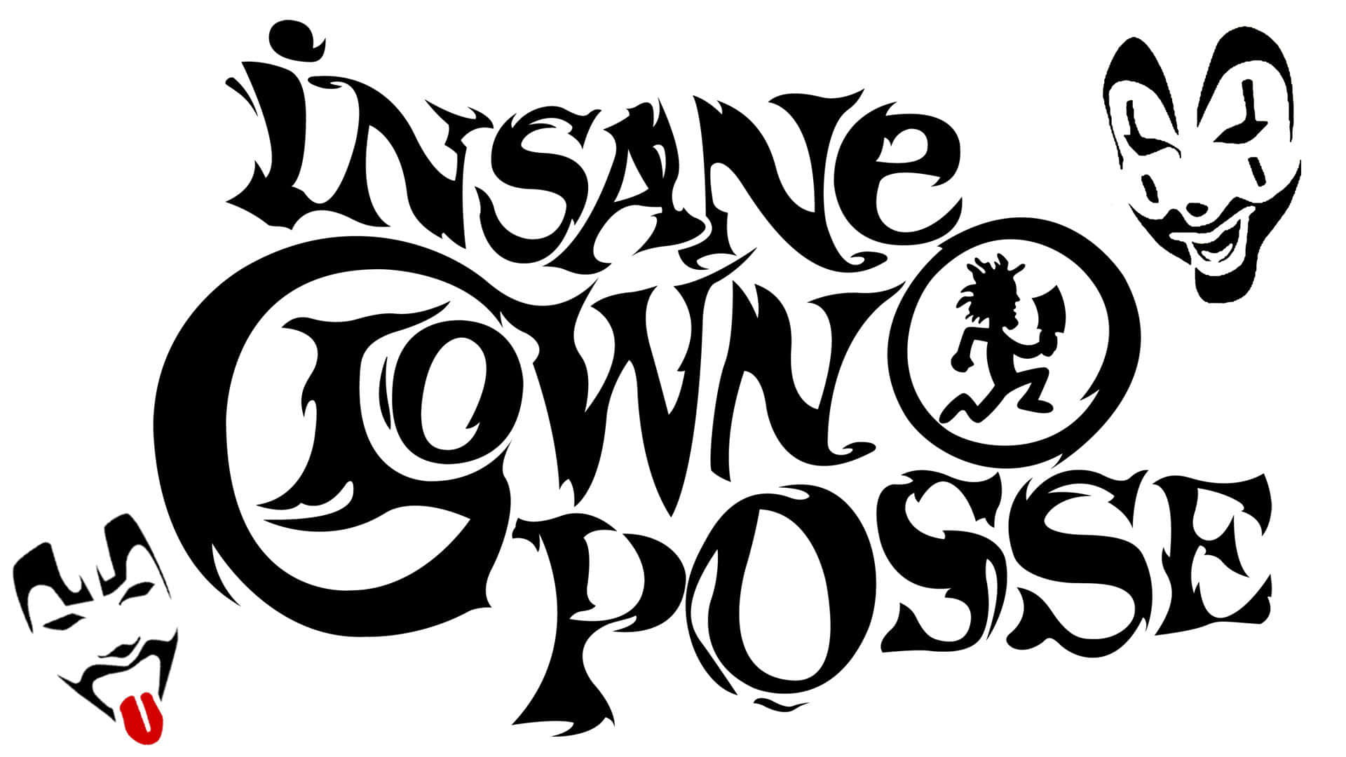  壁紙 — 粗體黑色風格文字寫著「INSANE CLOWN POSSE」，附有兩個小丑臉和一個奔跑人物標誌。
