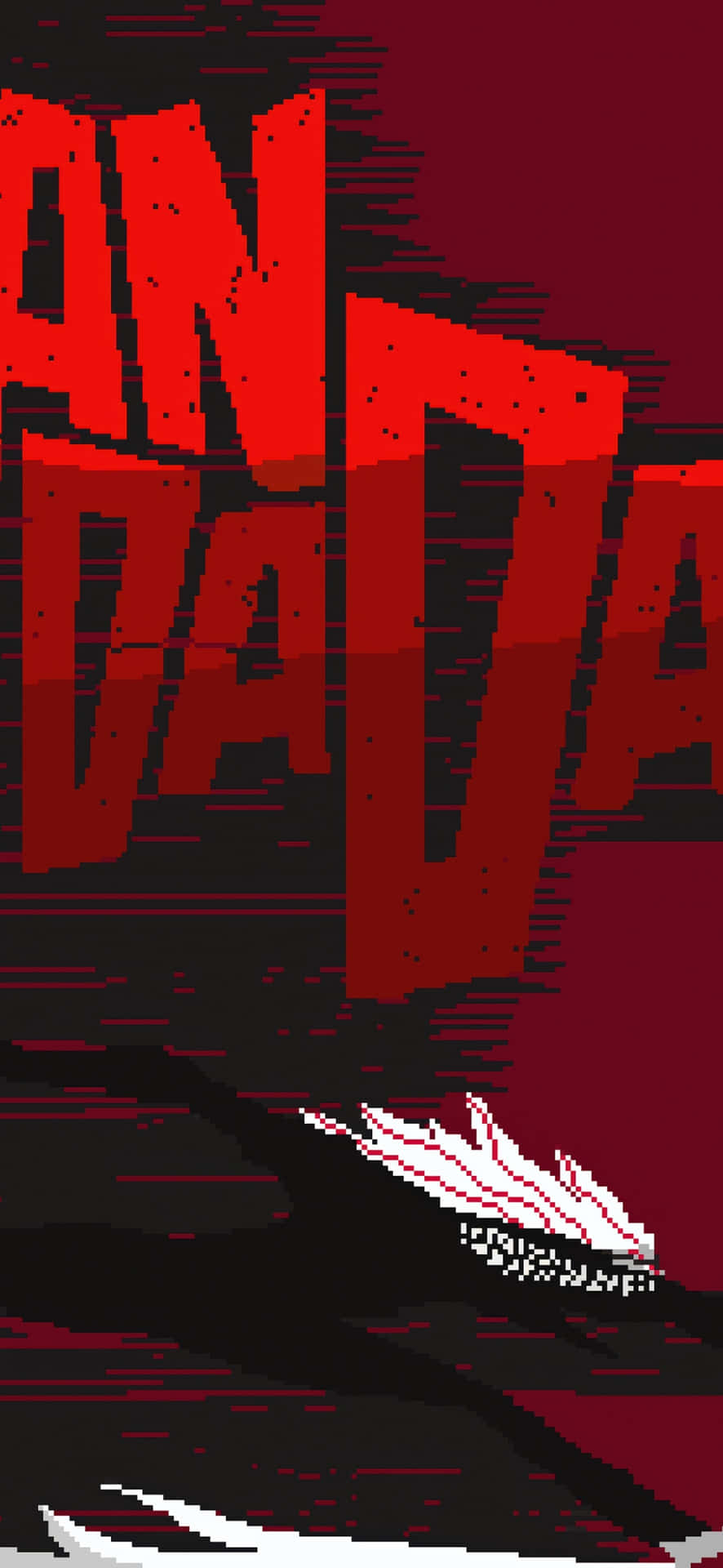  壁紙 — 粗體紅色像素文字在深棗紅色背景上顯示「DADA」，帶有故障效果和下方的白色抽象形狀。