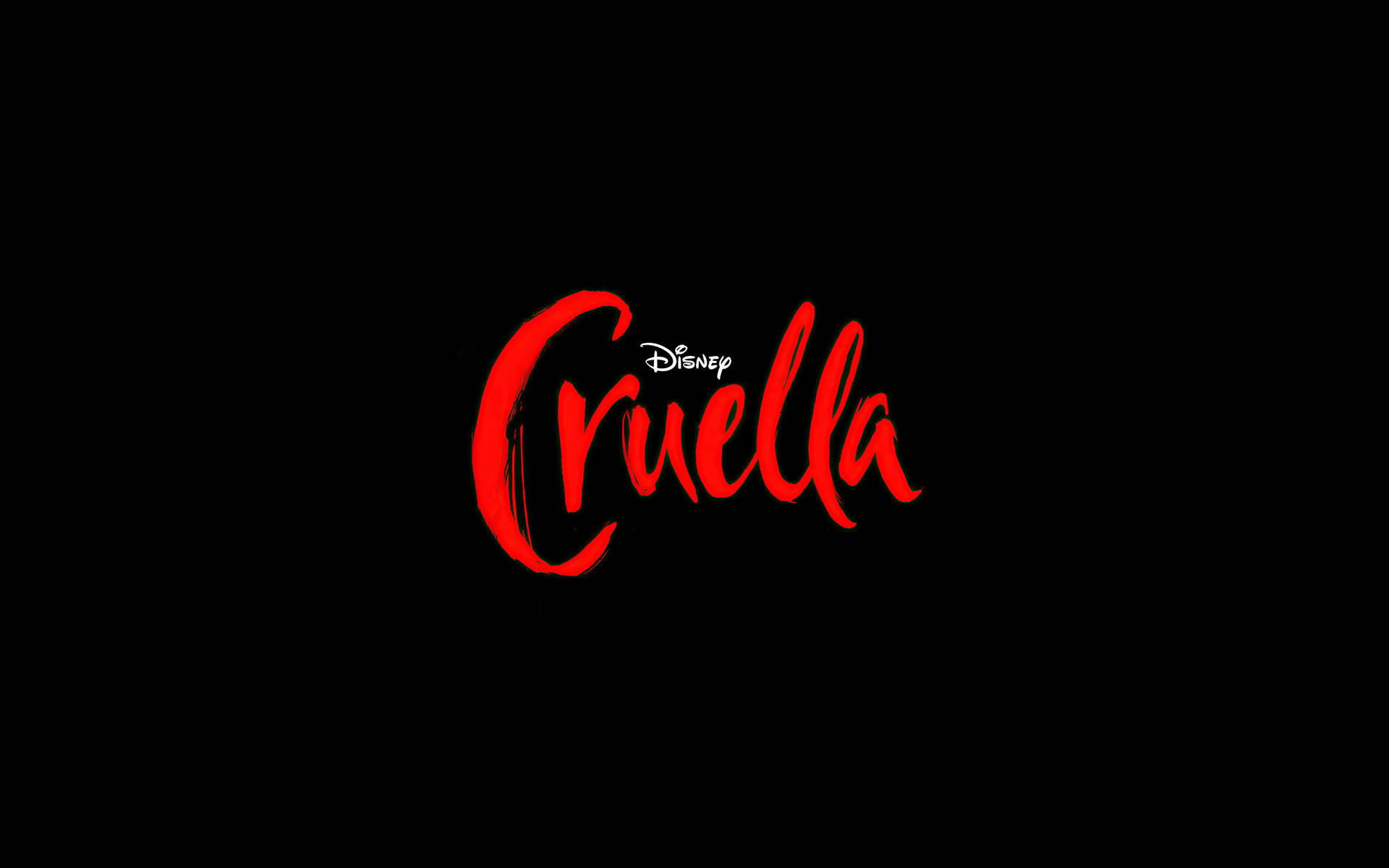 黑色背景上的紅色Cruella電影標題標誌，帶有Disney徽章。