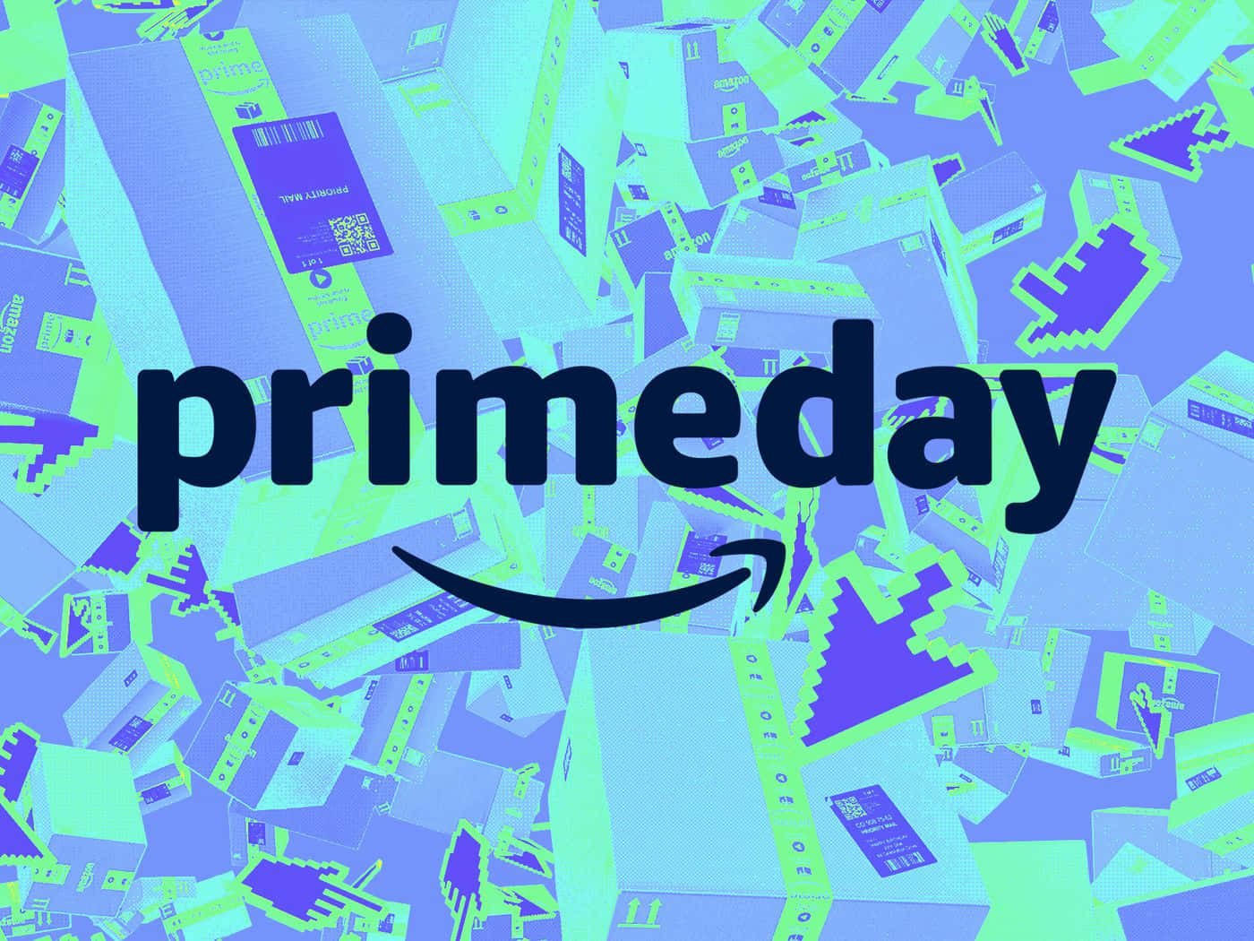  壁紙 — 粗體「primeday」文字，中央帶有亞馬遜微笑標誌，背景為風格化的紫色和藍綠色運輸箱，營造出混亂感。