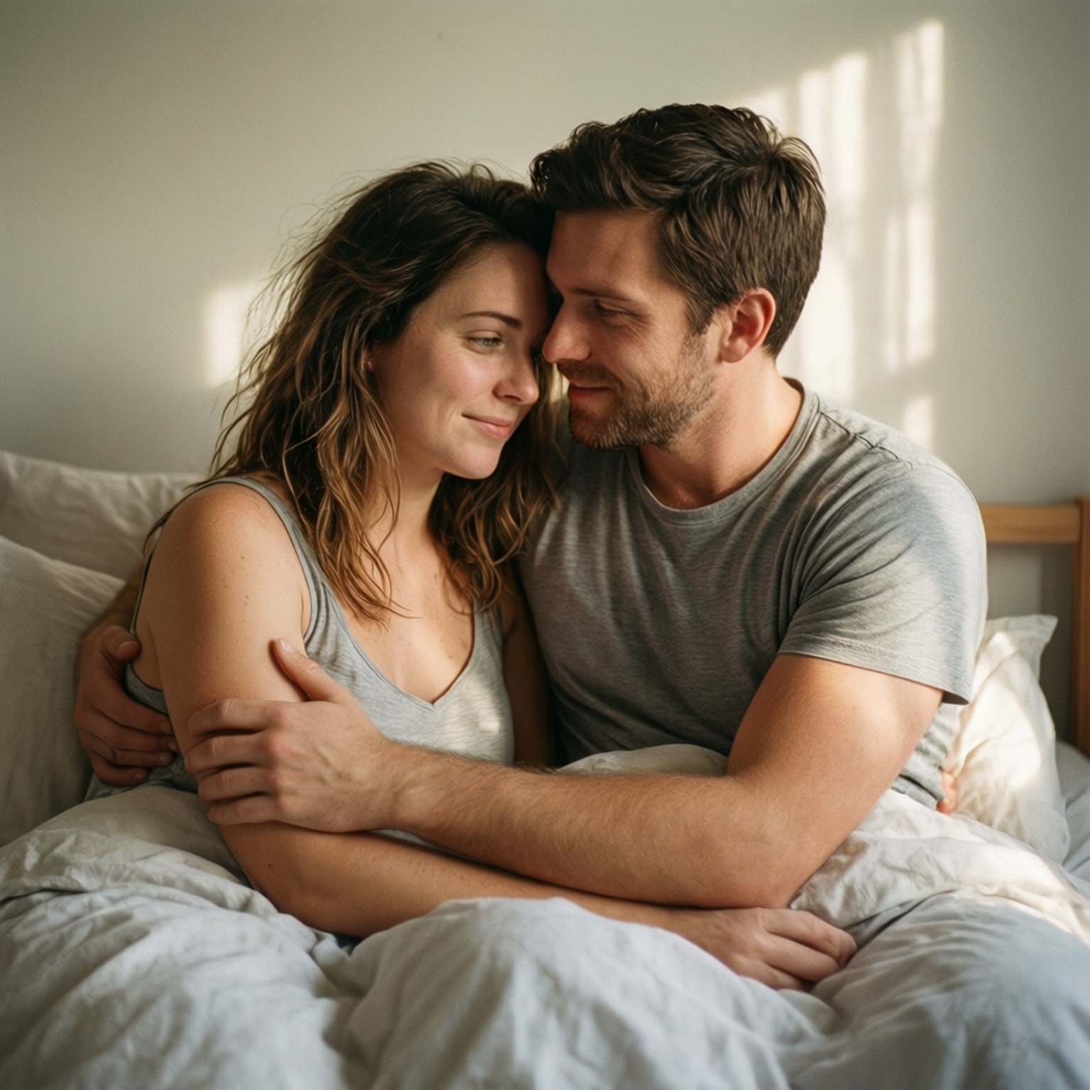Cuddling in Bed 壁紙 — 一對情侶在床上溫柔擁抱，晨光穿過百葉窗，在他們身後的牆上投下柔和陰影。