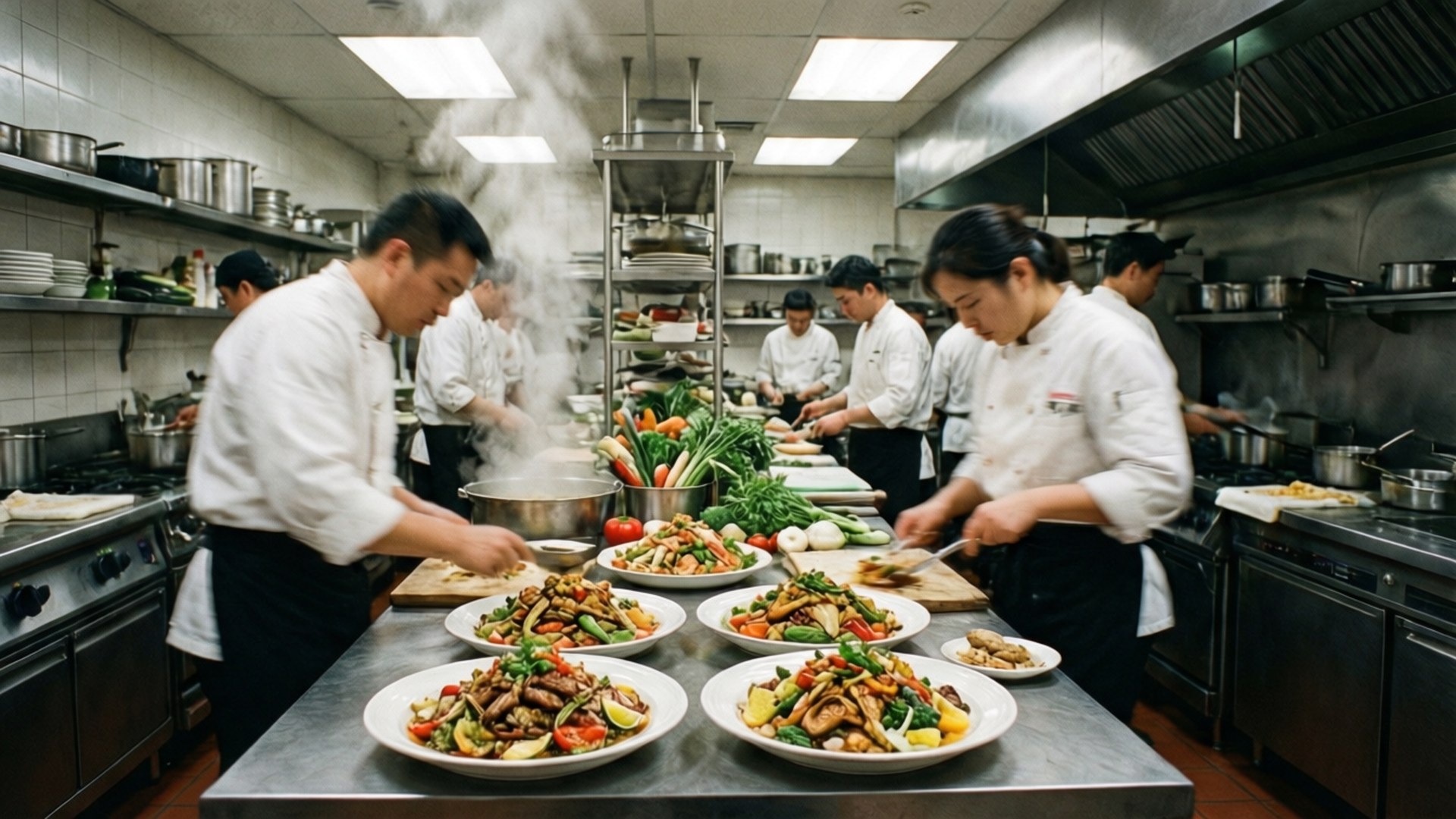Chefs preparing steaming vegetable stir fry dishes in a busy kitchen. 壁紙