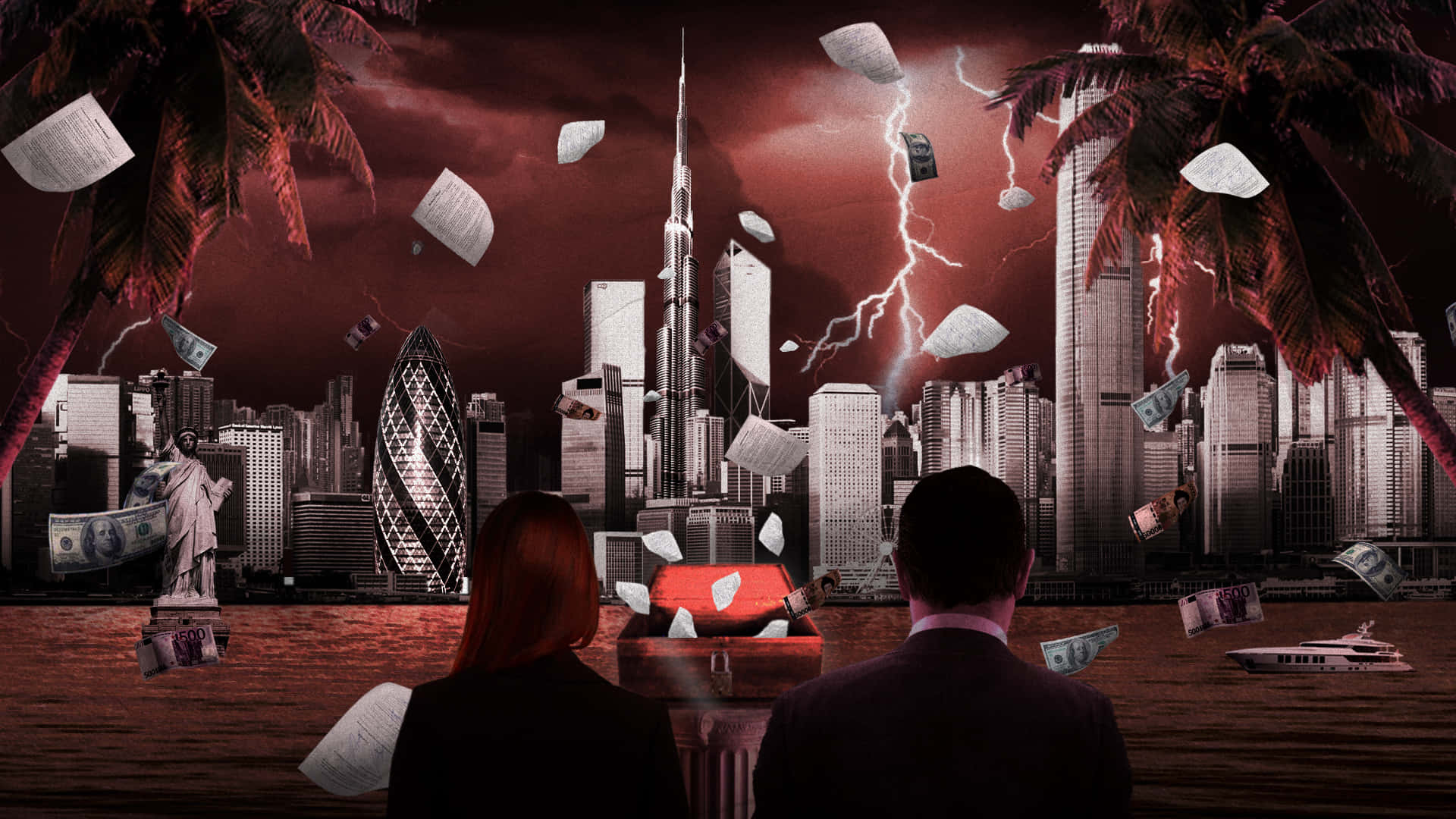 「Culpable」一詞的視覺化表達 壁紙 — 兩個人物在血紅色的天空下，觀看一個有棕櫚樹、閃電、金錢和標誌性摩天大樓的暴風雨城市景觀。