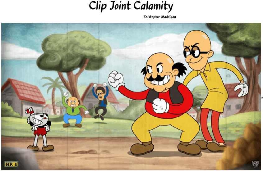 Cuphead 劇情片段：災難對決 壁紙 — 卡通角色在充滿活力的戶外場景中，有樹木、房屋和富有表現力的姿勢。