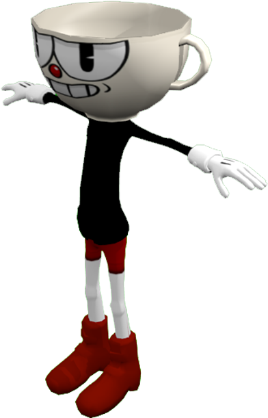Cuphead角色姿勢 壁紙 — 一個3D渲染的卡通杯角色，表情暴躁，黑色身體，紅色靴子和白色手套，站在純色背景前。